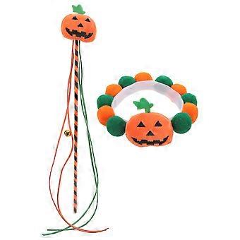 Pumpkin Cat Collar for Halloween with Fun Interactive Teasing Stick 1Set