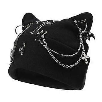 Goth Cat Ear Beanie Hat for Women, Black Y2K Grunge Punk Knit Beanie for Streetwear and Casual Gothic Outfits