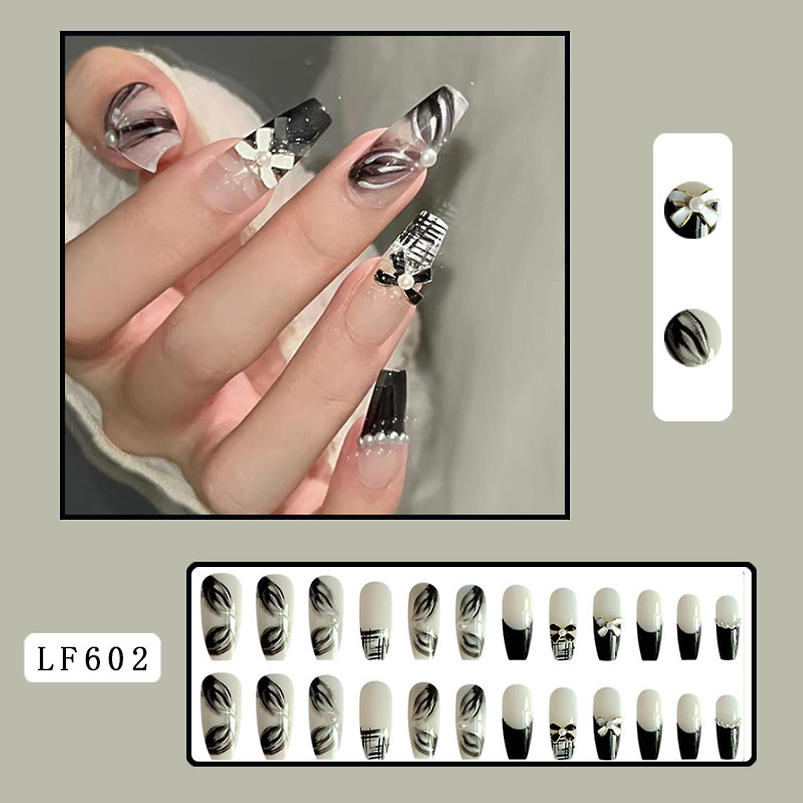 French Black Pearls False Nails Easy Apply & Remove Fake Nails