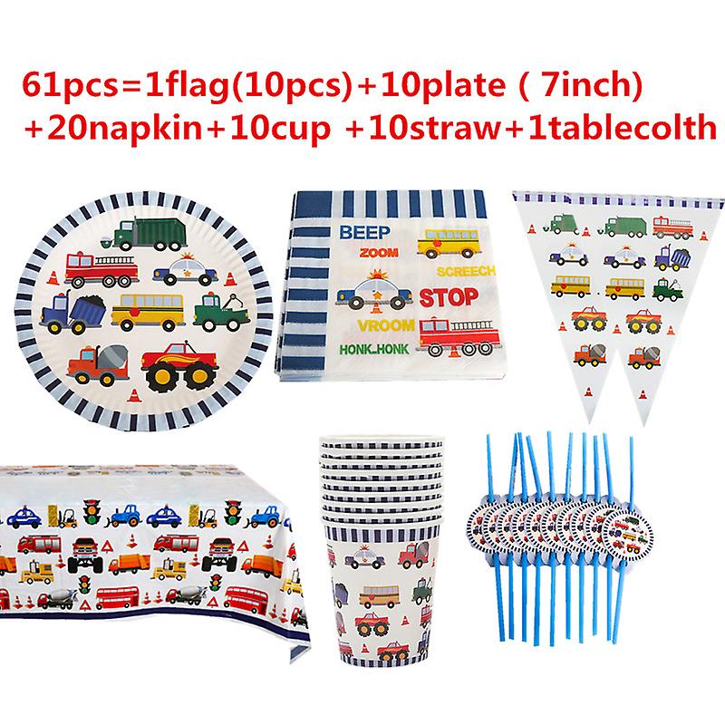 בנייה מחפר הנדסי רכב קריקטורה מכונית כבאית רכבת בלונים ילד מסיבת יום הולדת תפאורה כלי שולחן אספקה