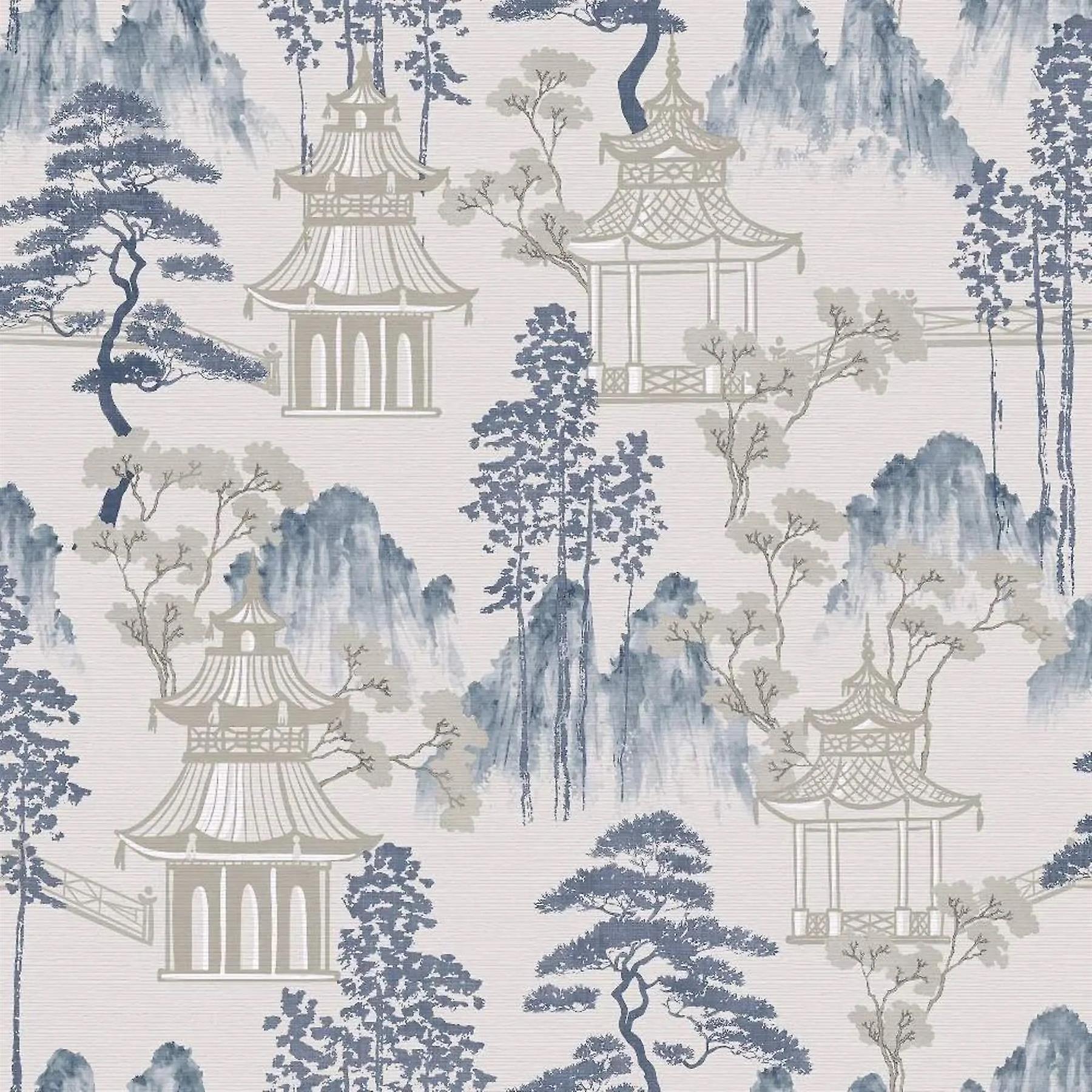 Japanese Pagoda Blue Grey Wallpaper