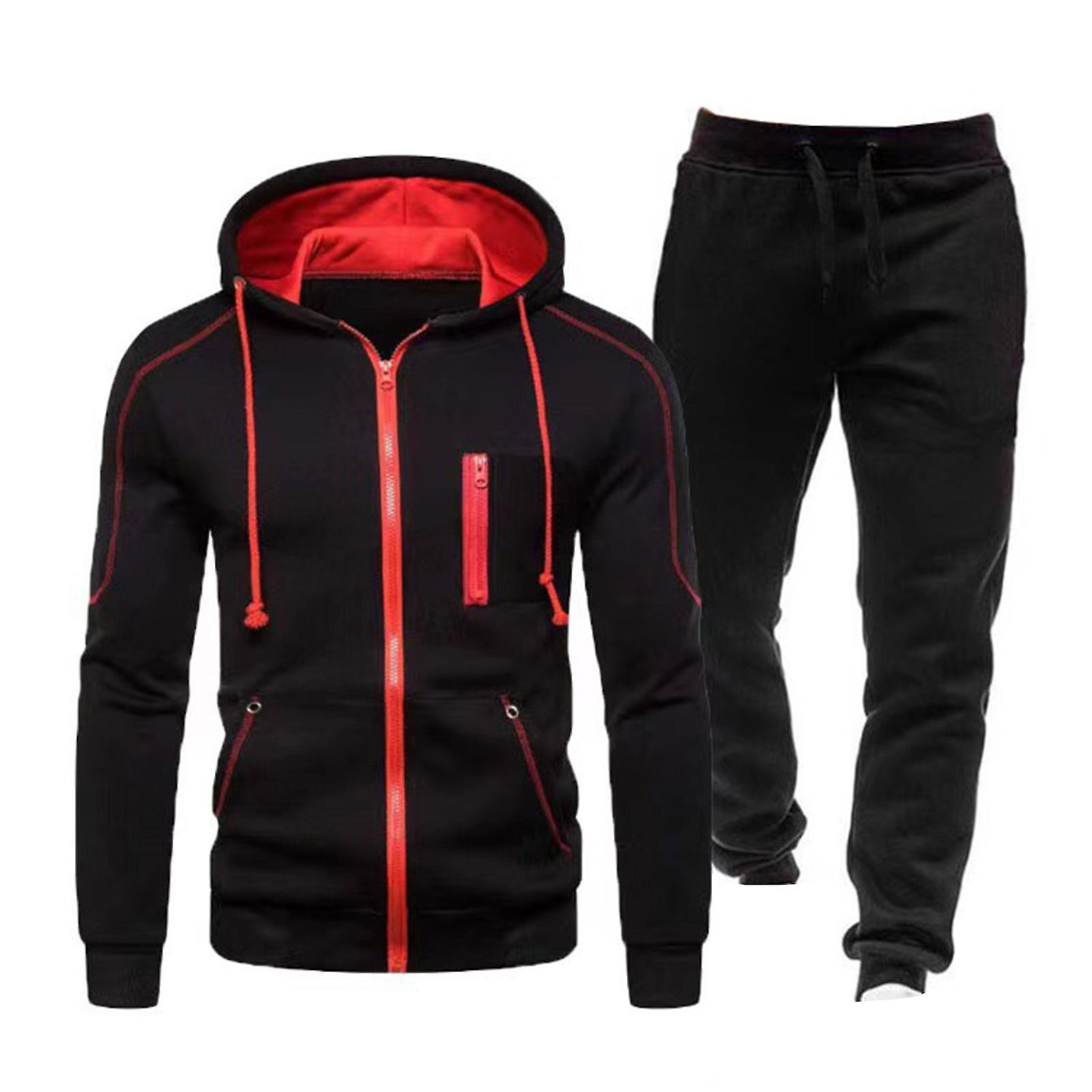 2 Pcs/Set Men Tracksuit Drawstring Pocket Zipper Hooded Solid Color Warm Elastic Waist Breathable Coat Sweatpants Set