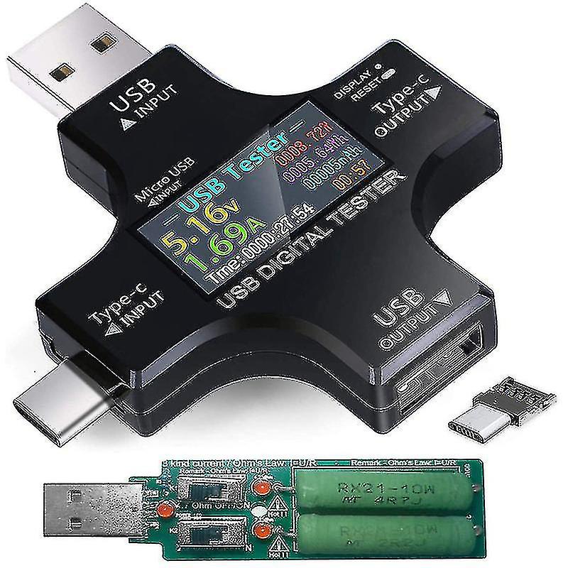 USB C tester, 2 i 1 type C usb tester fargeskjerm ips digitalt multimeter, spenning, strøm, strøm