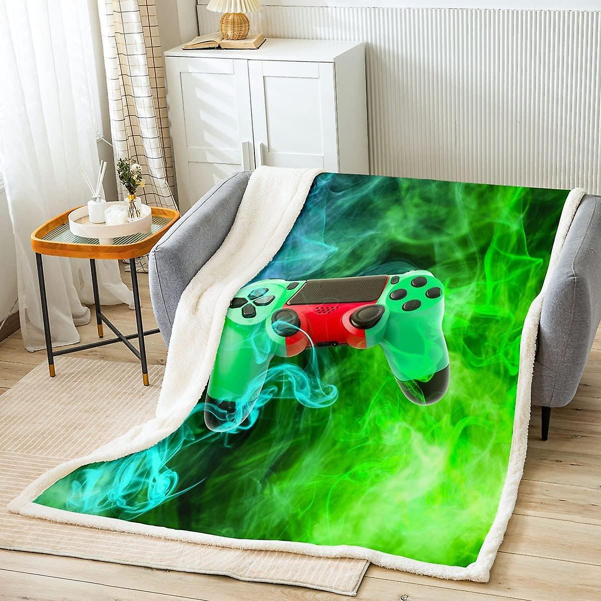 Gamer Fleece Throw Blanket Gaming Green Smokey Plush Blanket for Bed Sofa Kids Video Game Sherpa Blanket Gamepad Game Controller Warm Fuzzy Blanket Ba