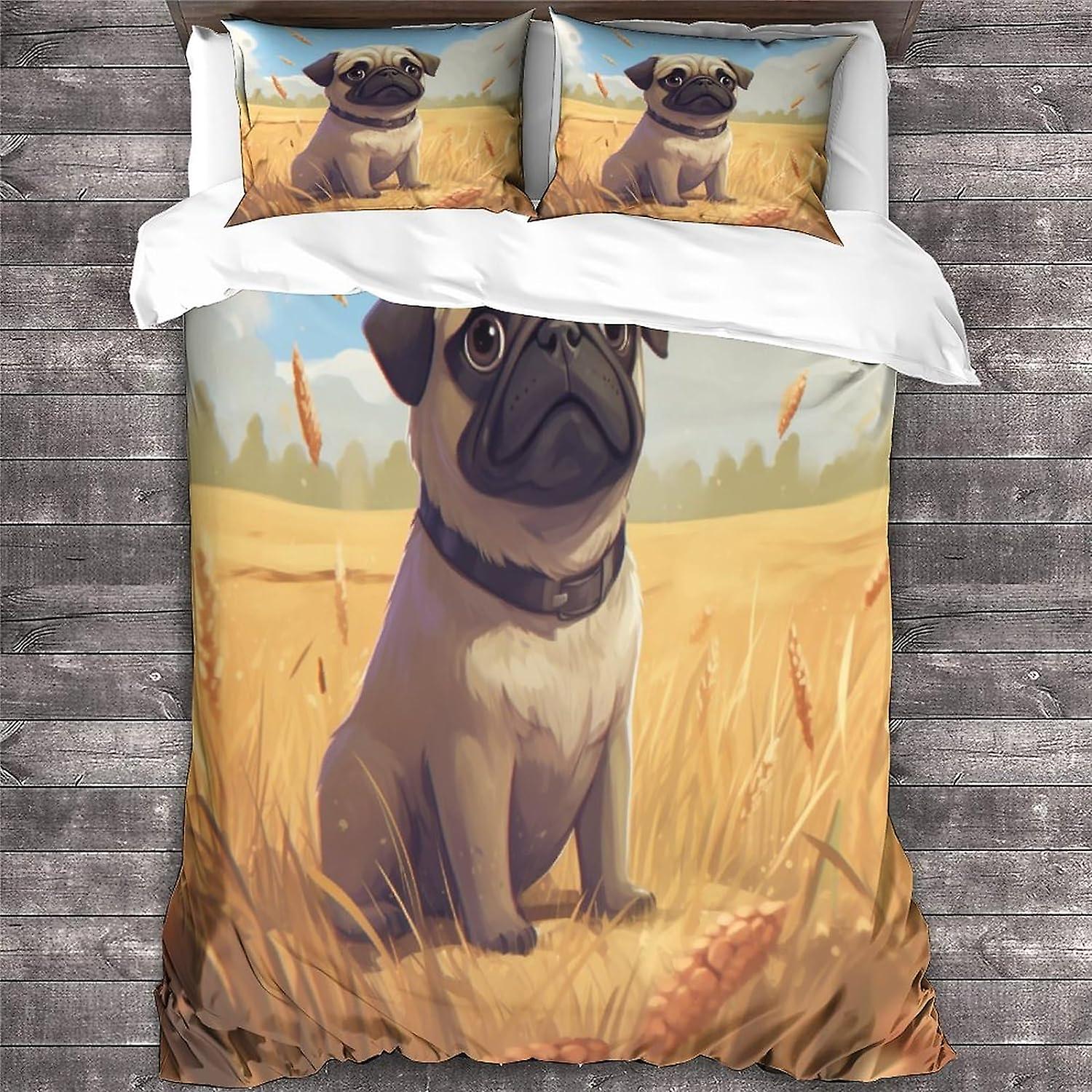 LikeEj PUG Sängkläder Set Hund Täcke Överdrag Djur Tema Påslakan Mikrofiber Andningsbart Täcke Kung