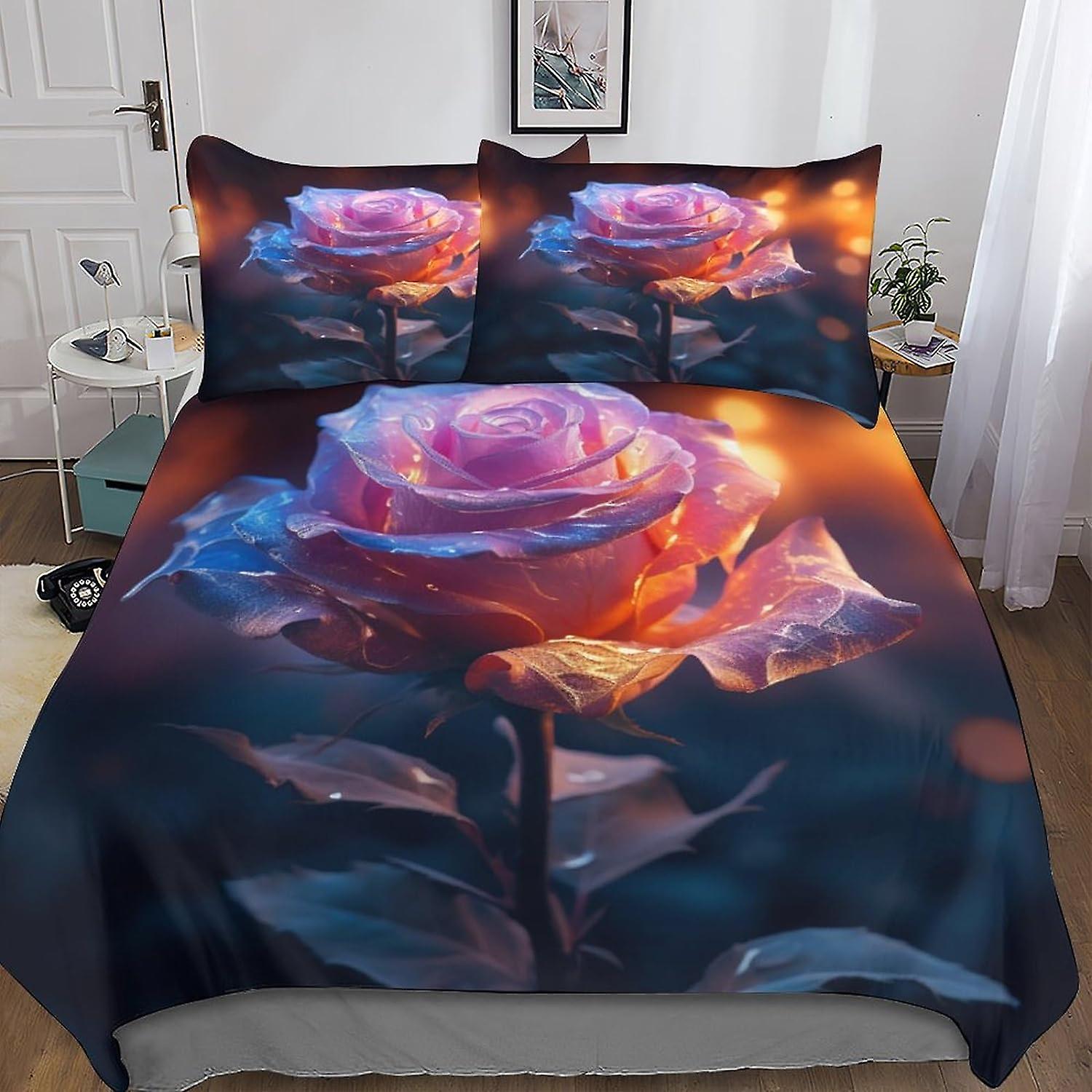 VCLUST Flame Rose Duvet Cover with Pillowcases 3D Printed Bedding Set with Zipper Closure Unique Design Anti-allergic True Love Quilt Cover