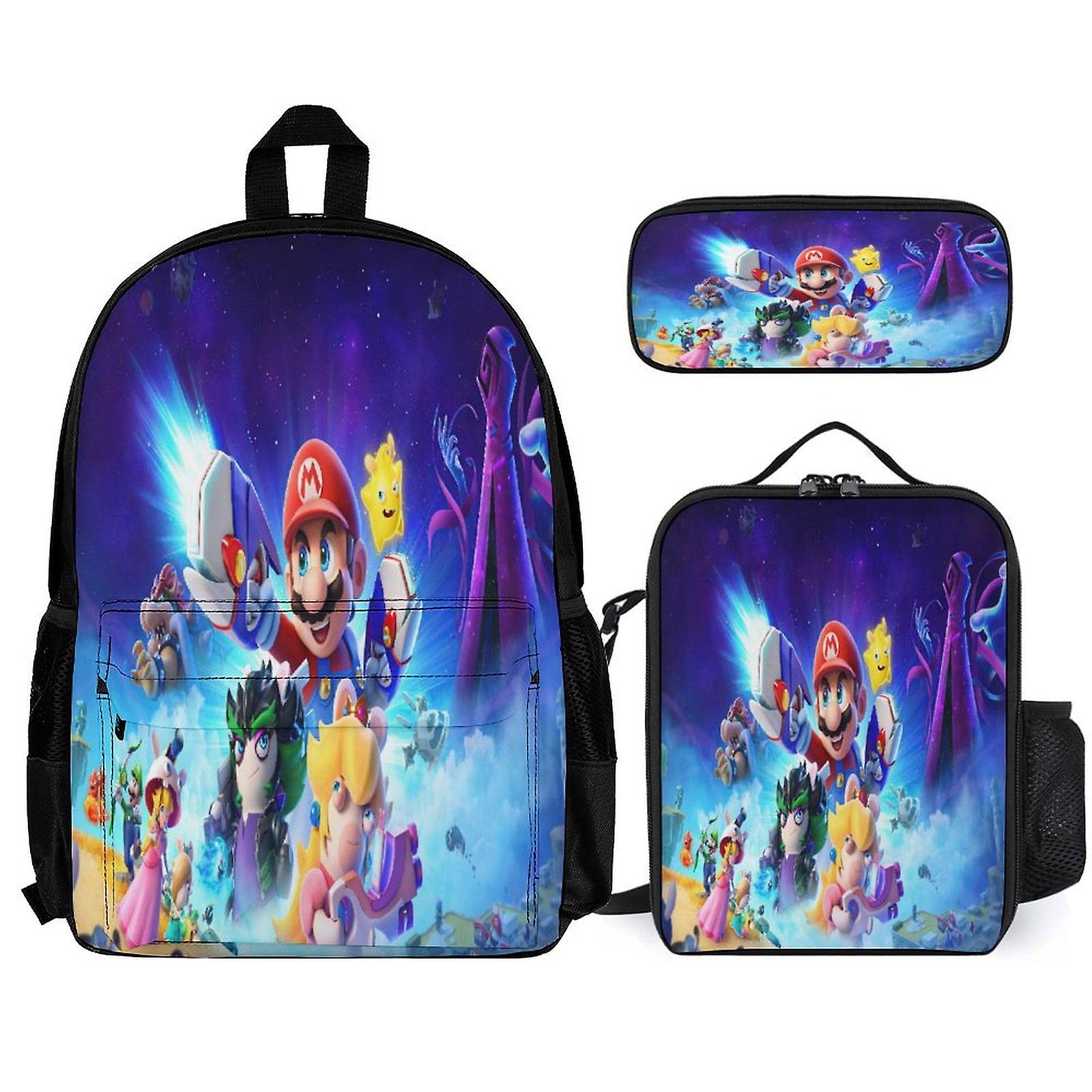 حقيبة ظهر سوبر ماريو 3 قطع مجموعة حقيبة ظهر للكمبيوتر المحمول مع حقيبة غداء مقلمة