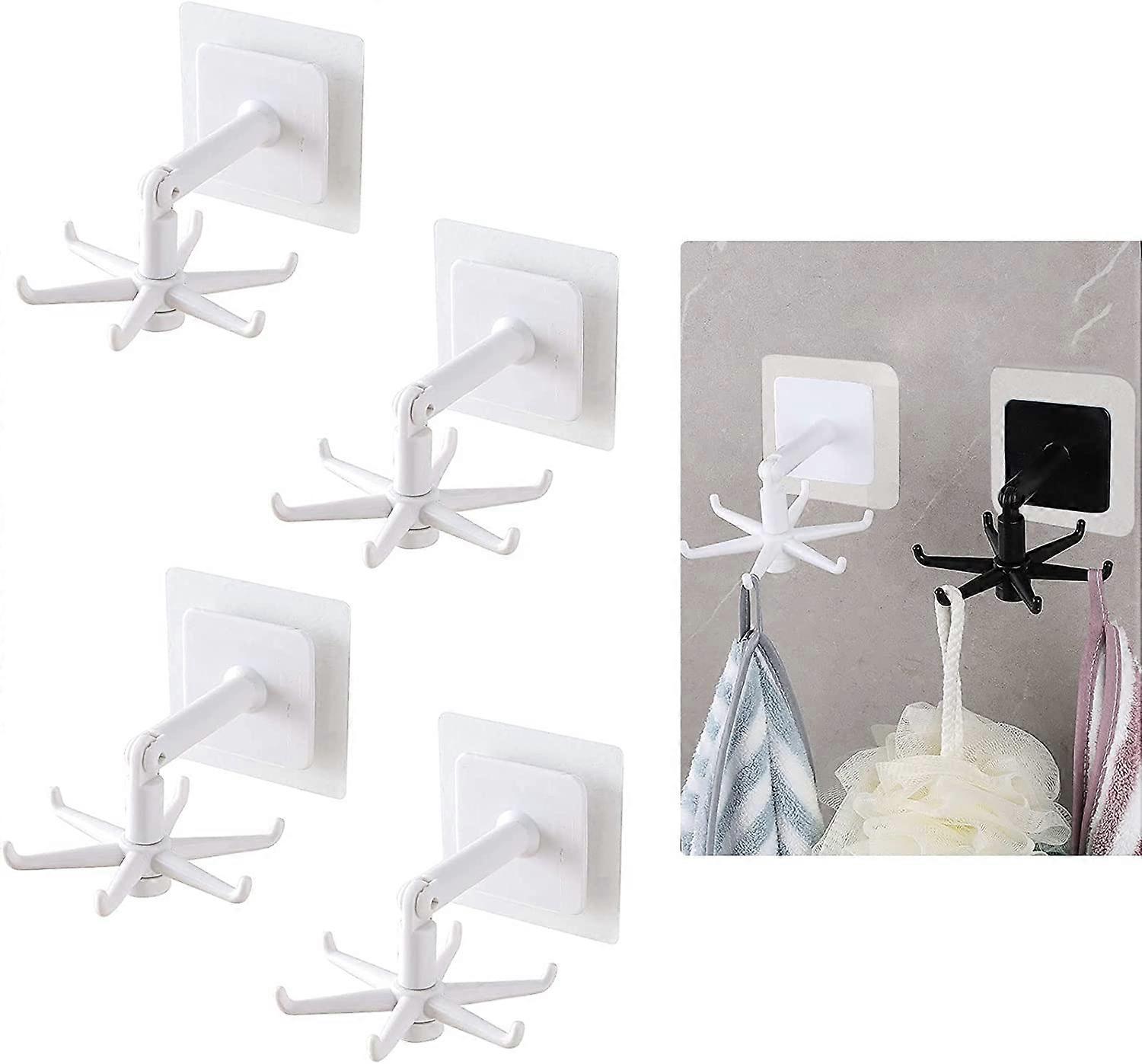 4 Pieces Hooks, 360 Rotatable Folding Hooks Wall Mount Drill-Free Dish Hanger (White)