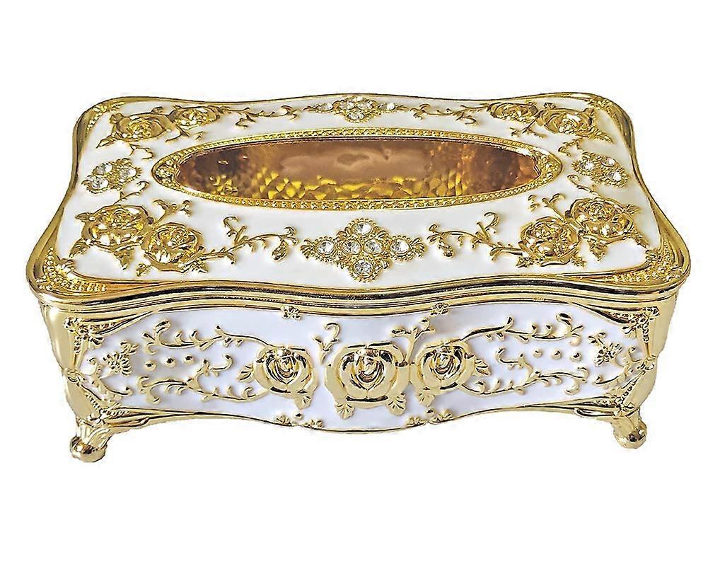 حامل صندوق مناديل حجر الراين ، غطاء صندوق مناديل وردية على الطراز الأوروبي الفاخر للمنزل (ذهبي وأبيض)