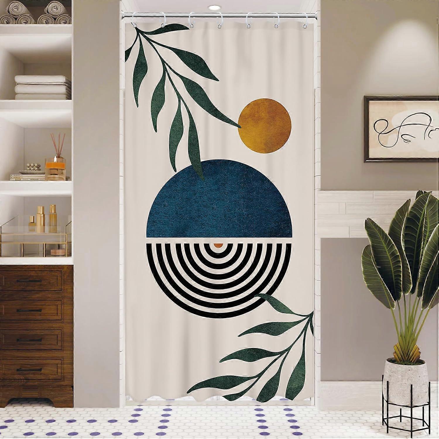 كشك صغير RV دش ستارة كحلية زرقاء بوهو منتصف القرن الحديثة مجردة الحد الأدنى أوراق هندسية الشمس ضيقة مجموعة حمام واحد 36Wx72L بوصة حمام 