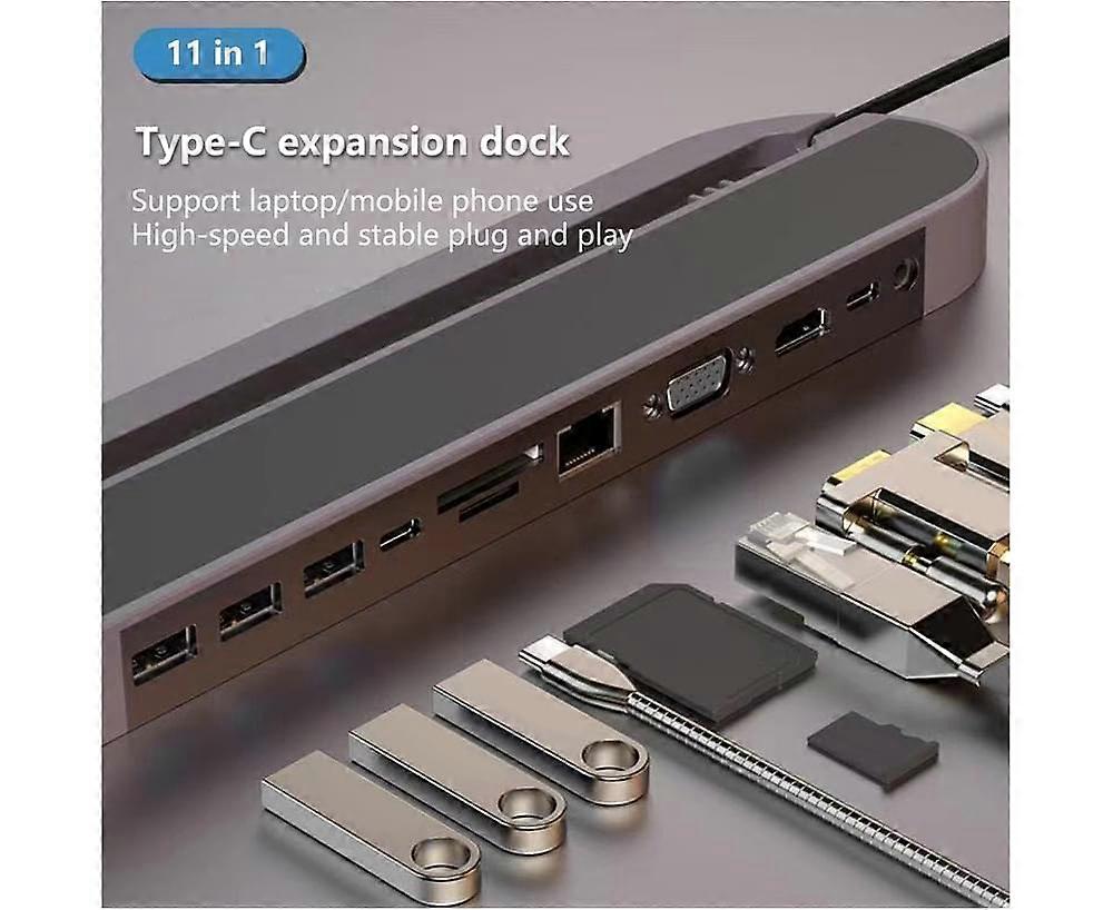 Docking Station 11-in-1 HD-compatible Portable Type-C to USB3.0 HDMI-compatible RJ45 USB Splitter Hub for Laptop - Black