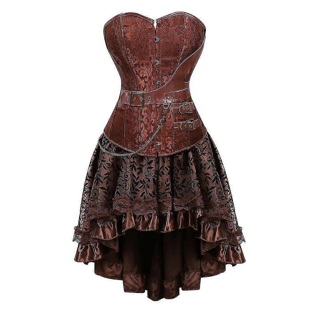 女性のヨーロッパのスチームパンク海賊コスチューム女性コルセットドレススカートレースアッププラスサイズブラウンジッパーフェイクレザーコルセットドレス