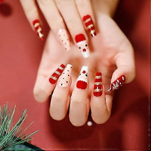 Unghii false de Crăciun, băț acrilic pe unghii, 24 buc Maggidea Long Coffin Press On Nails Balet Red Moș Crăciun Unghii false cu lipici autocolant