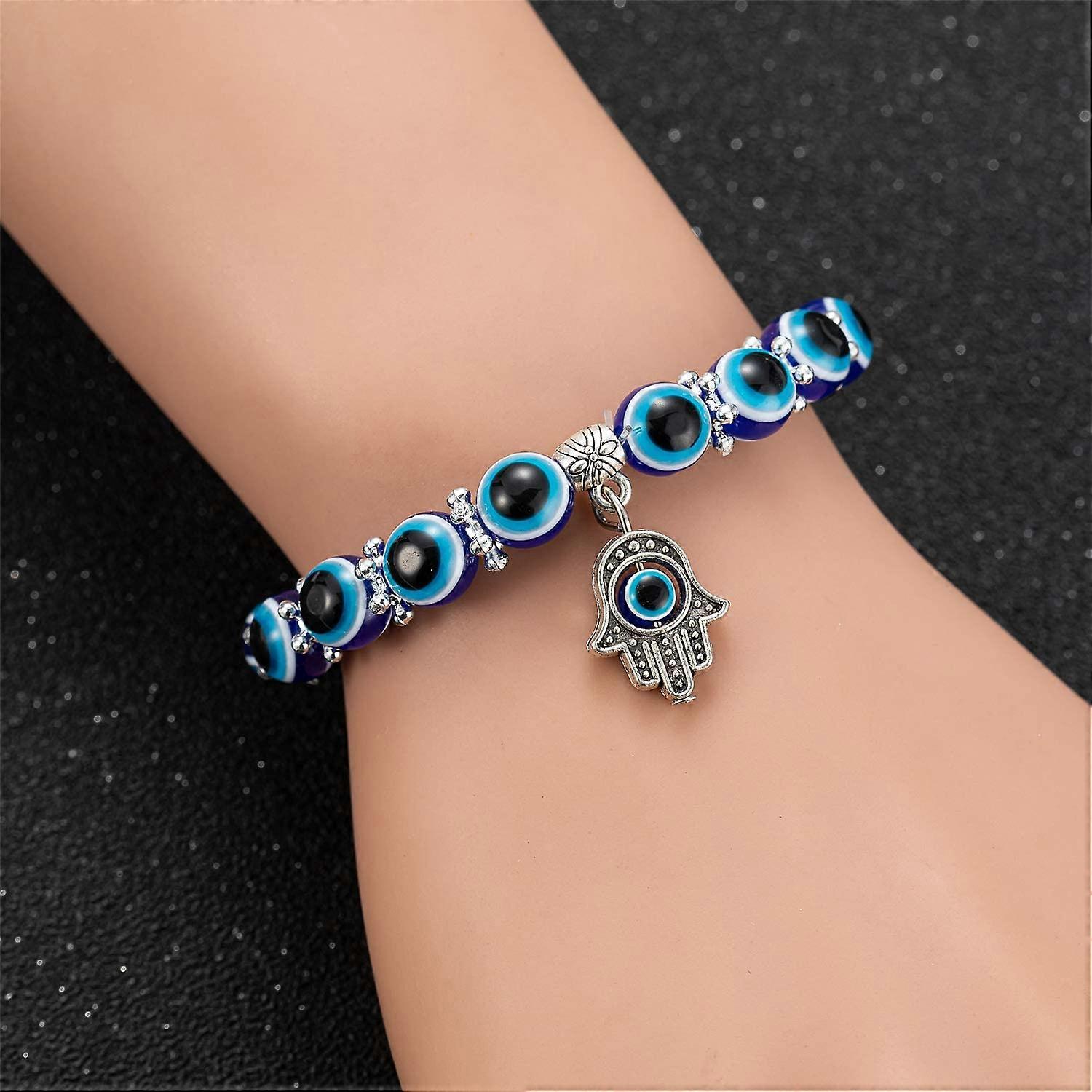 Evil Eye Hamsa Bracelet - Blue Crystal Bead Stretch Bracelet For Protection & Luck, Unisex Jewelry - View #6