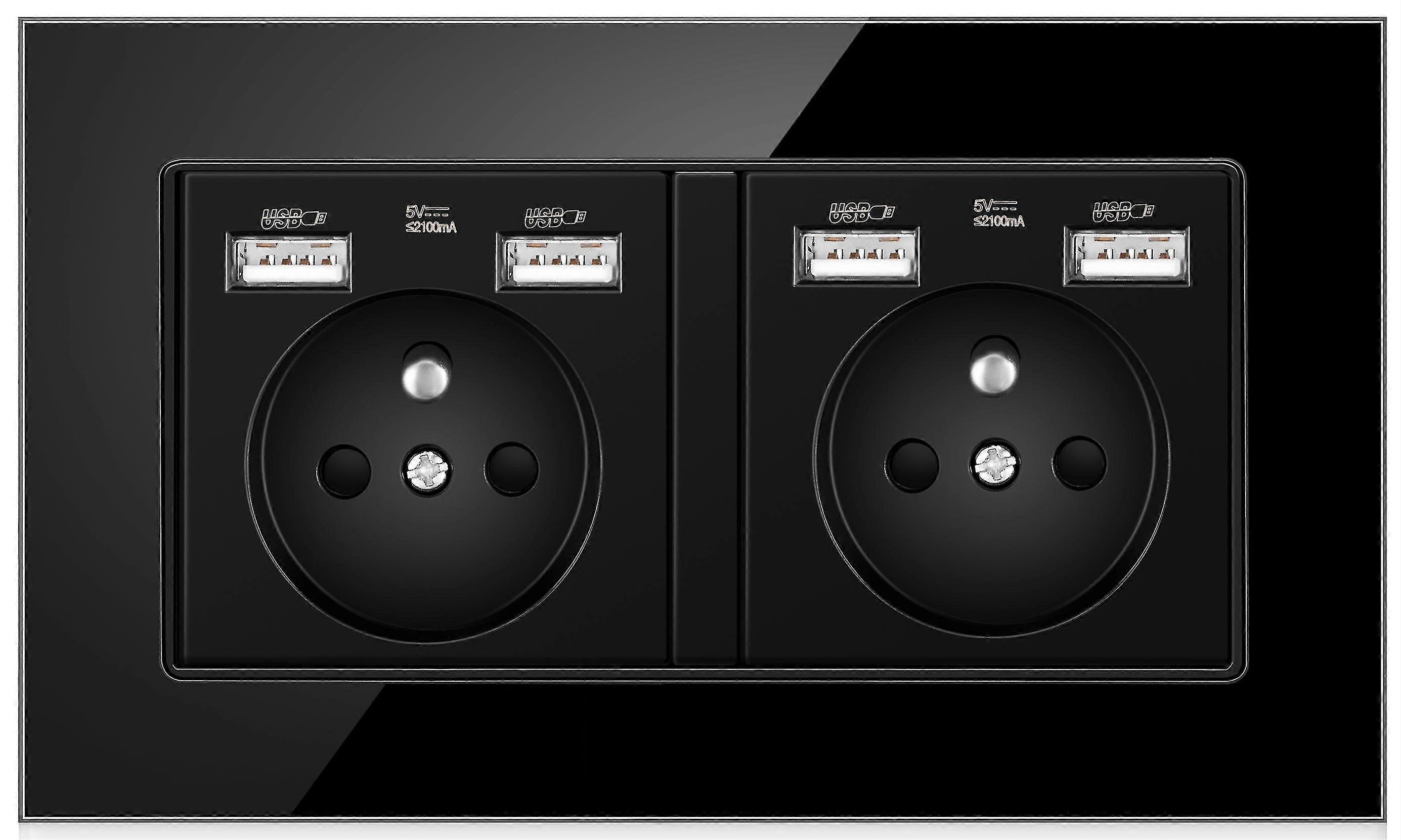 Two-slot Electrical Outlet With 4 Usb Ports Glass Panel Wall Power Plug Socket