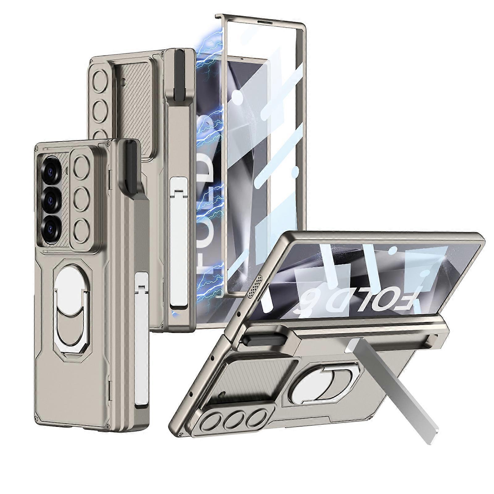 Compatible for Samsung Fold 6 Case Cover with Pen Holder, Magnetic Hinge Protection, Front Screen Protector, Metal Ring Stand, Sliding Camera Cover, M
