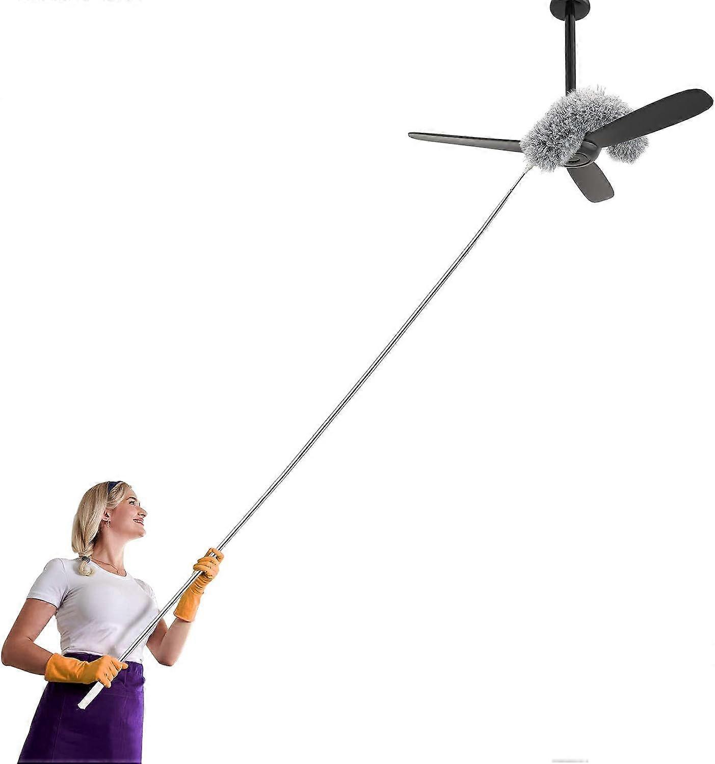 Microfiber Duster with Extension Pole (Stainless Steel), Extra Long and Extendable Spider Web Dusters, Foldable Duster for Cleaning High Ceiling Fans