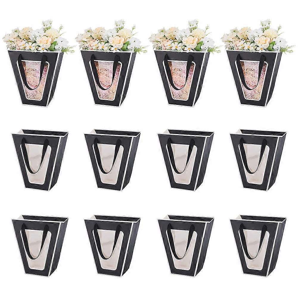 Trapezoid Paper Flower Gift Tote Bags with Plastic Visible Window Bouquet Bags with Handle for Birthday Wedding Black 11x23.9x25.9cm