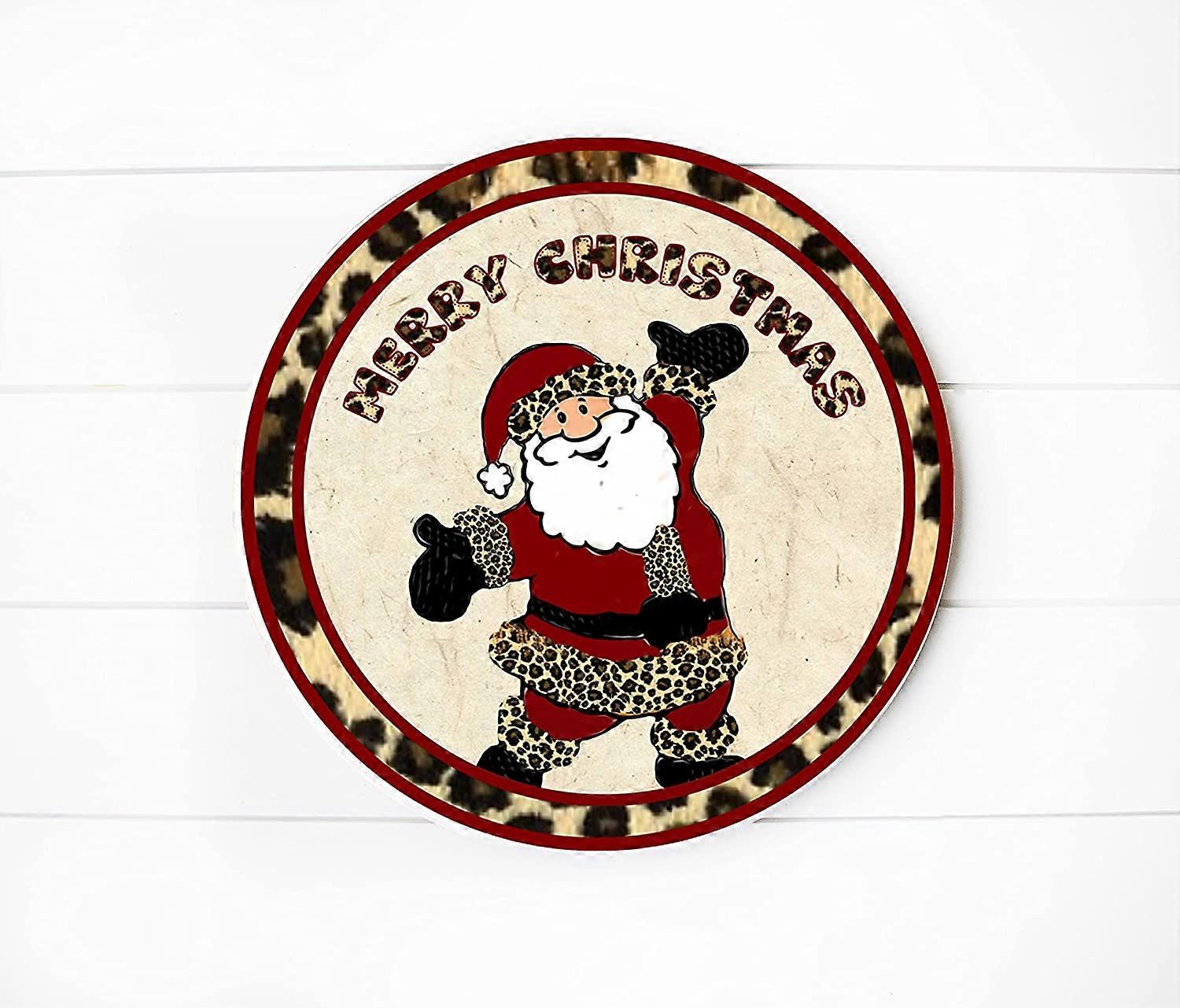 Léopard Père Noël Noël imprimé panneau en bois fait à la main (8 pouces avec cordon de jute)