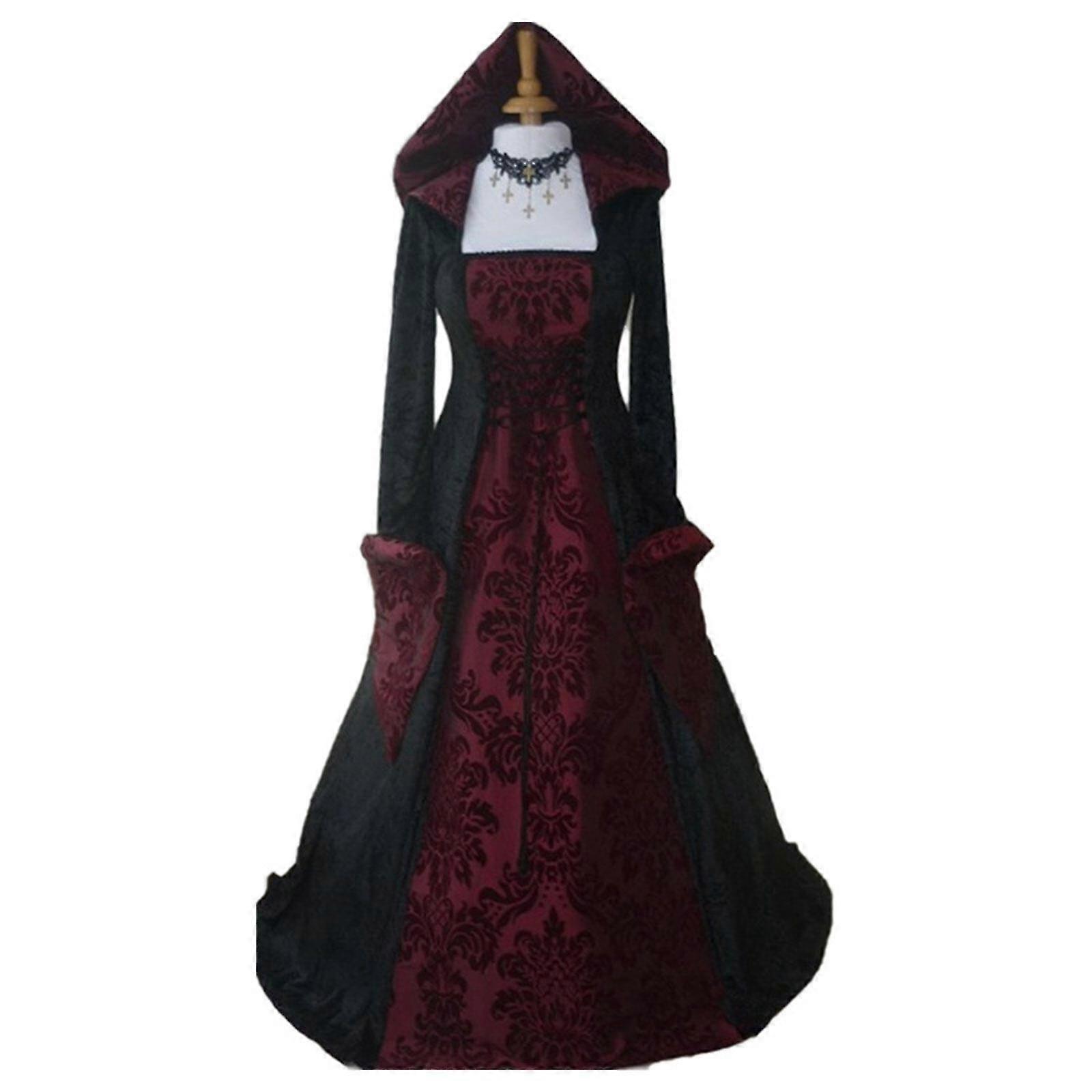 S-5xl女性ルネッサンスレースアップヴィンテージフード付きドレス中世の魔女ドレスコスプレコスチューム