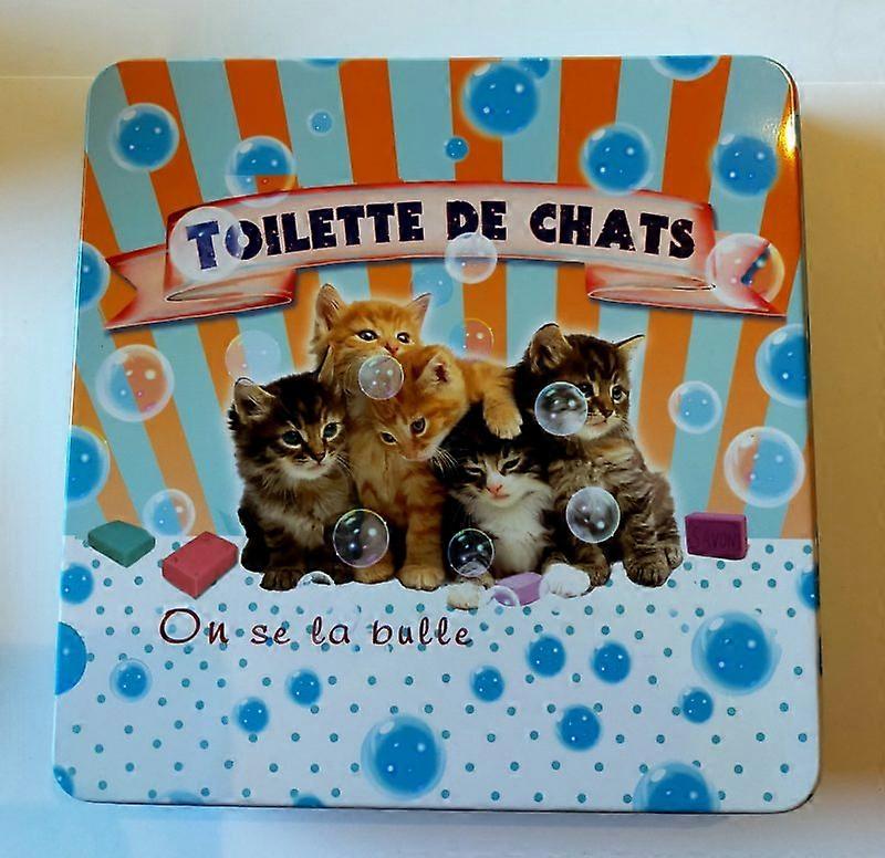 Metal soap tin square with print Toilette de chats - Vintage stock tin - French hand soap - Ma