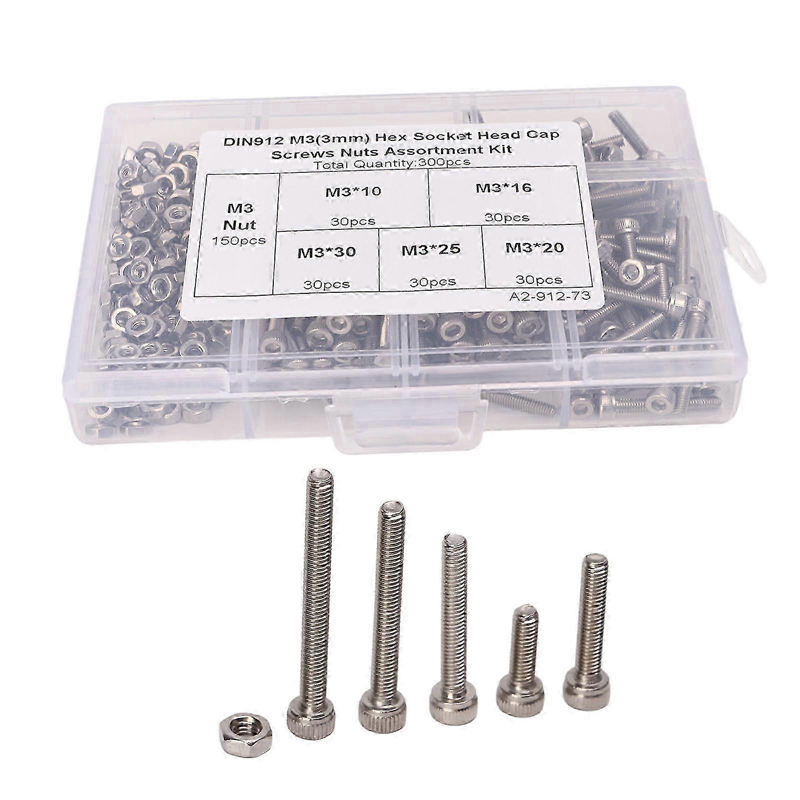 M3 Hex Socket Head Screws 304 Stainless Steel Hex Cap Bolts Nuts Assortment Kit with Storage Box