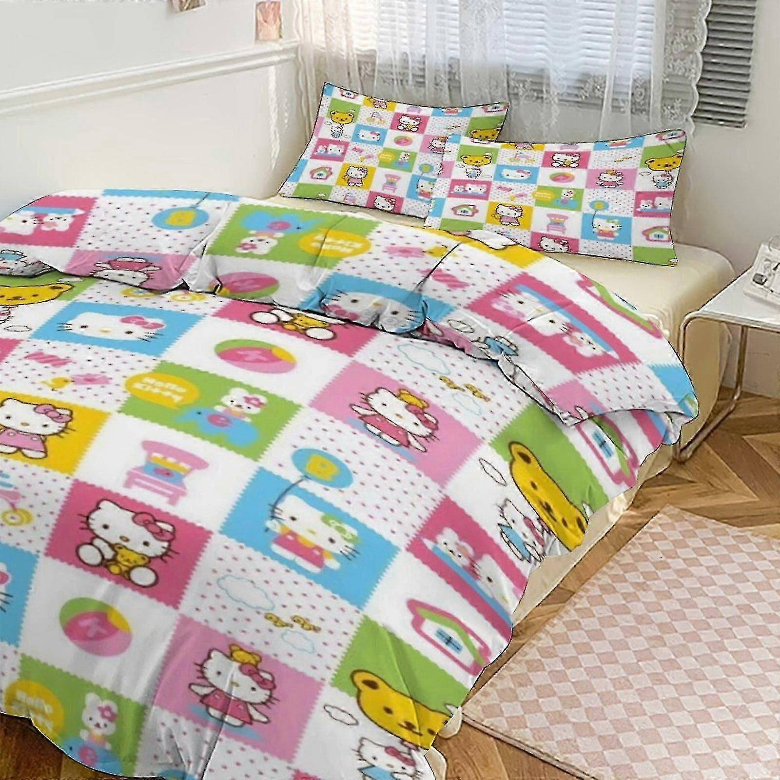 v1686 Lakan Hello Kitty Tryck Sängkläder Set Mönster Påslakan Cove Set3 stycken Påslakan och örngott för kvinnor Män Tonåringar väljer mellan (1 Täcke Co