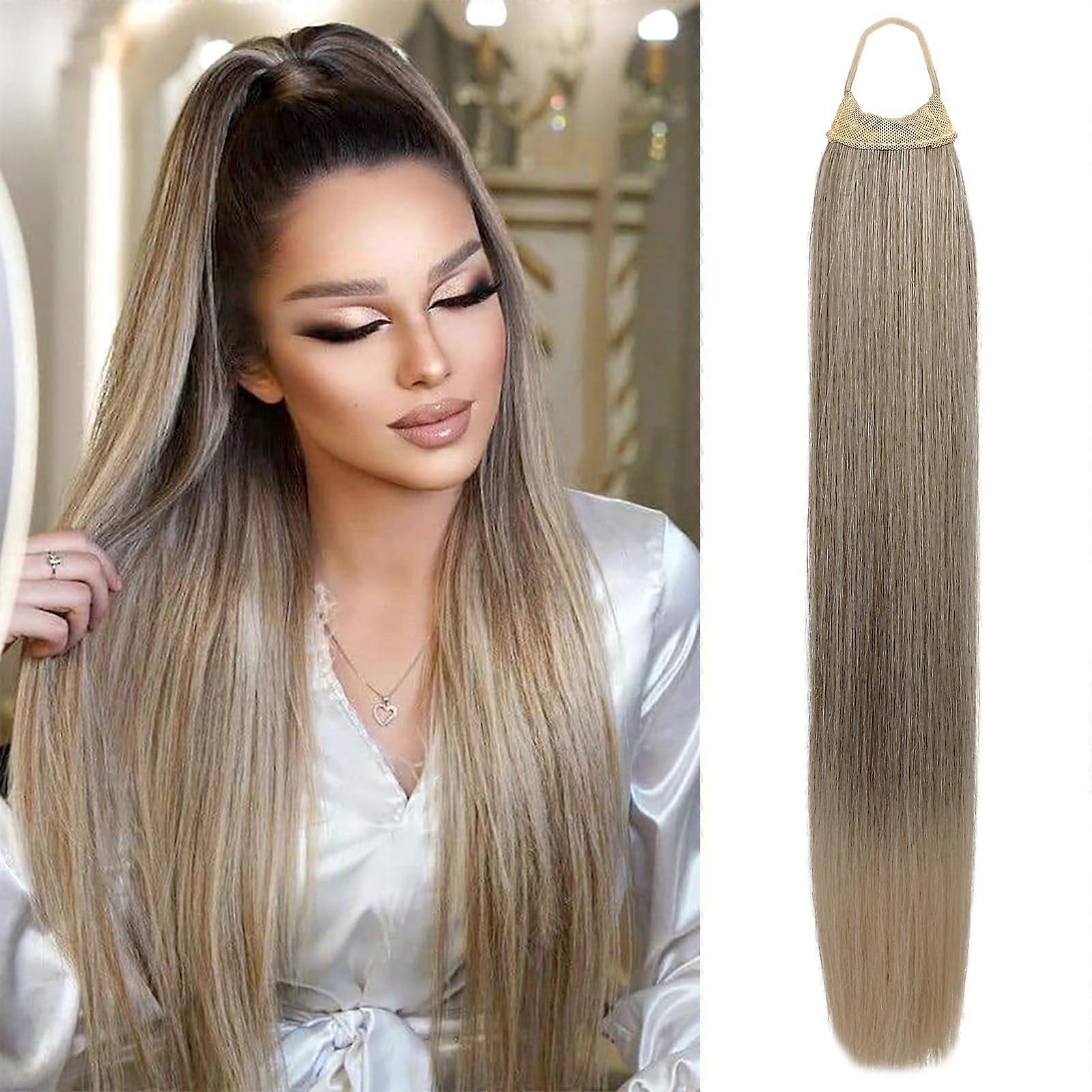 Extensión de cola de caballo falsa falsa natural trenzada gris a rubia gris a rubia recta gruesa para mujer de 28 pulgadas