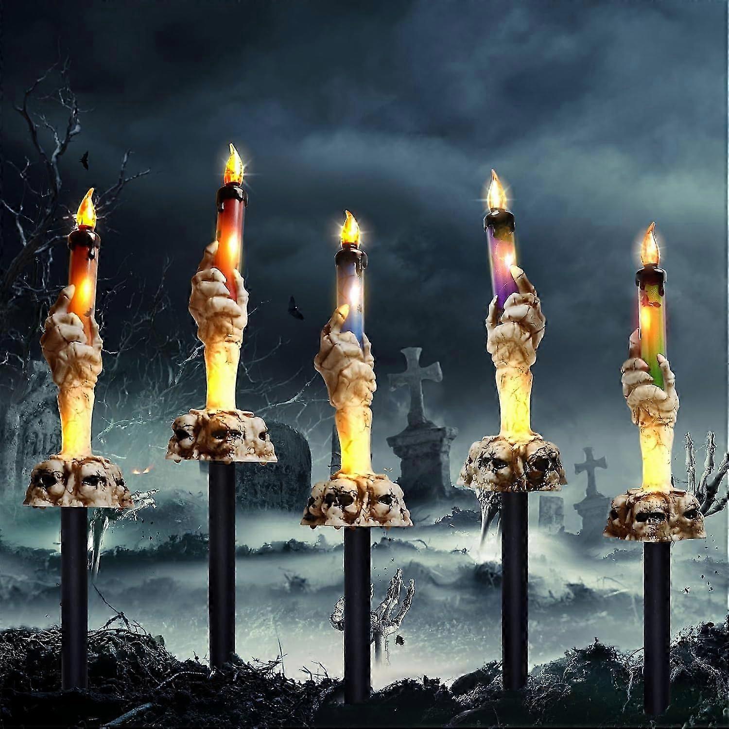 Halloween Decorations, Large Lighted Skeleton Hands Hold Candle With Stakes, 15 Led Warm White Lights Waterproof Battery Operated With Timer, Light Up