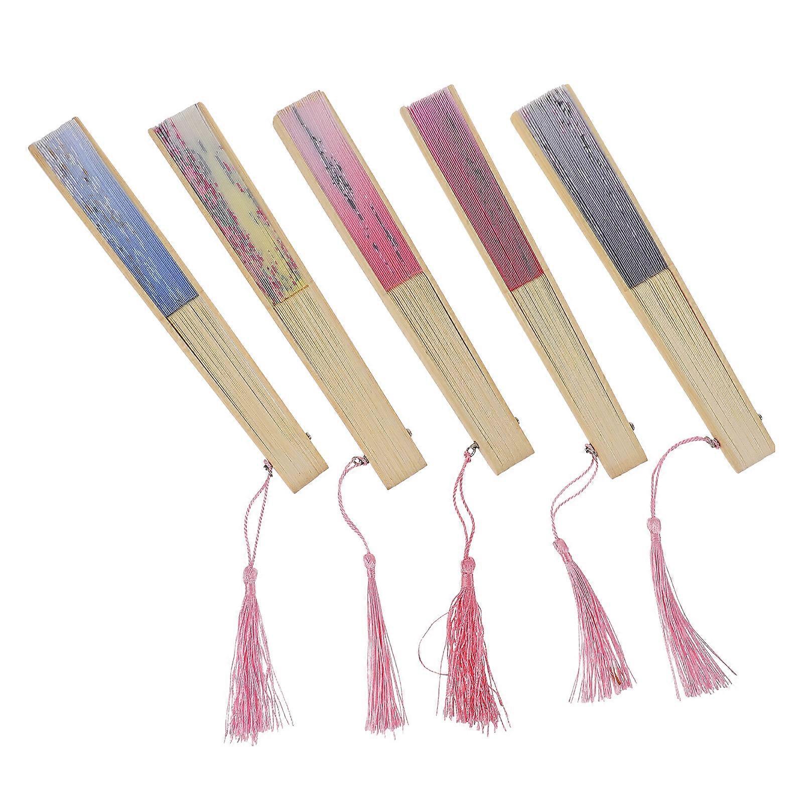 Handheld Folded Fan Wooden And Synthetic Material For Summer And Beach Use 5Pcs