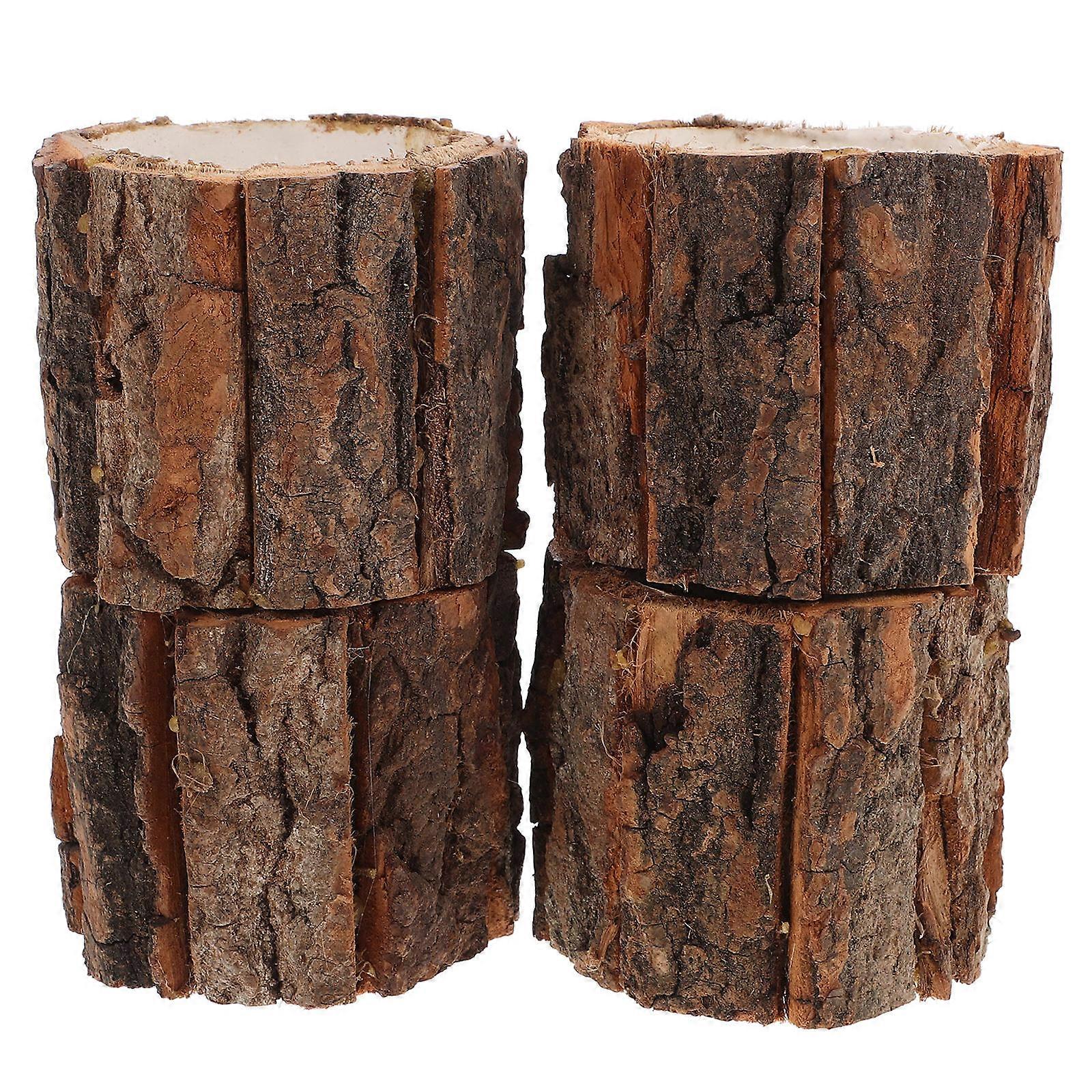 Rustic Wooden Flower Pots 4pcs Small Planting Containers for Indoor Home Decor with Natural Bark Finish for a Serene and Charming Look
