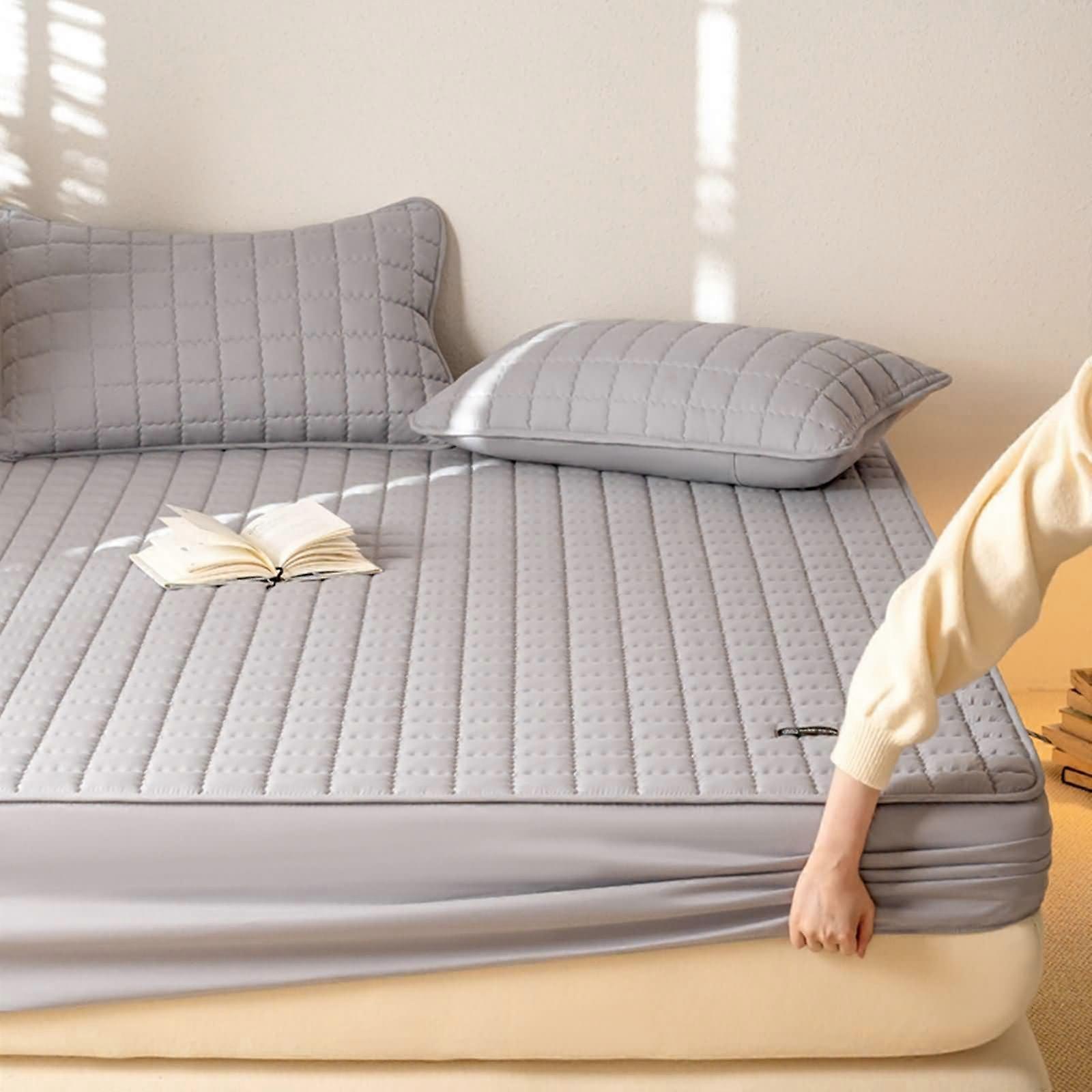 Fitted Sheet Hotel 90x200 cm with 2 Pillowcases, Thick Polyester Cotton Bed Sheet in Grey with Checked Pattern for Double Bed