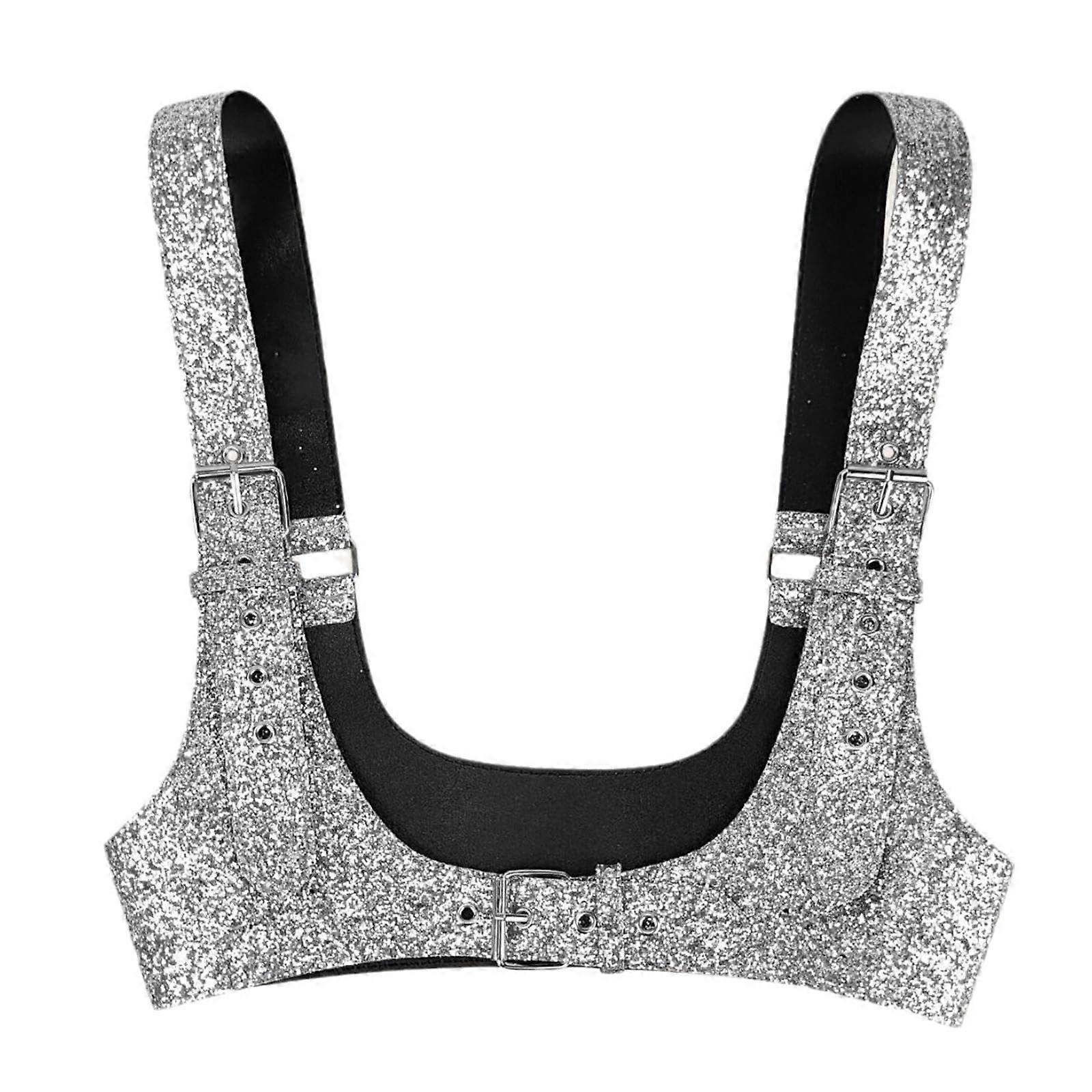 Women Underbust Corset with Adjustable Shoulder Strap Full Sequins Masquerade Party Crop  Silver
