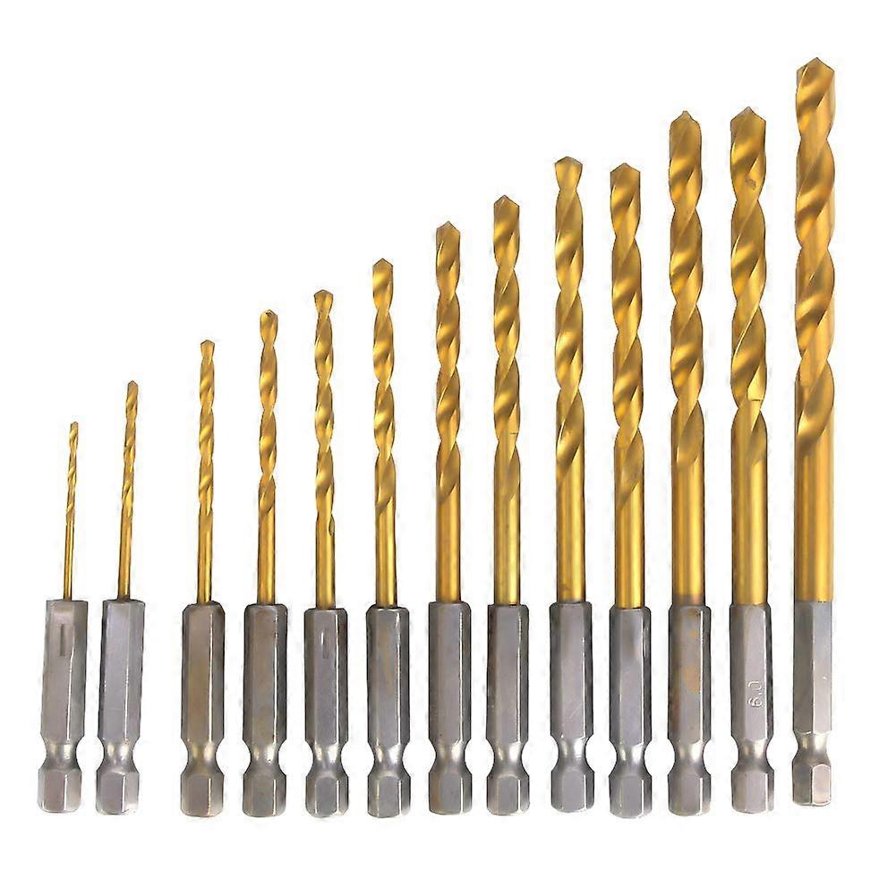 13-Piece 1/4-Inch Hex Shank HSS Spiral Flute Drill Bit Set for Wood, Plastic, Metal (Sizes 1.5-6.5 mm)
