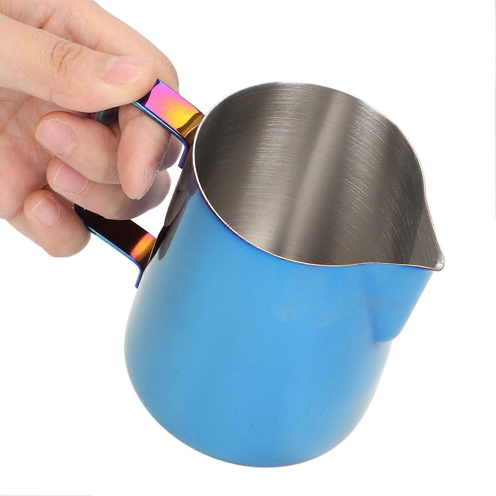 Milk Frother Pitcher 350ml 304 Stainless Steel with Scale Dripless Spout Milk Frother Cup for 350ml Ti Blue with Scale