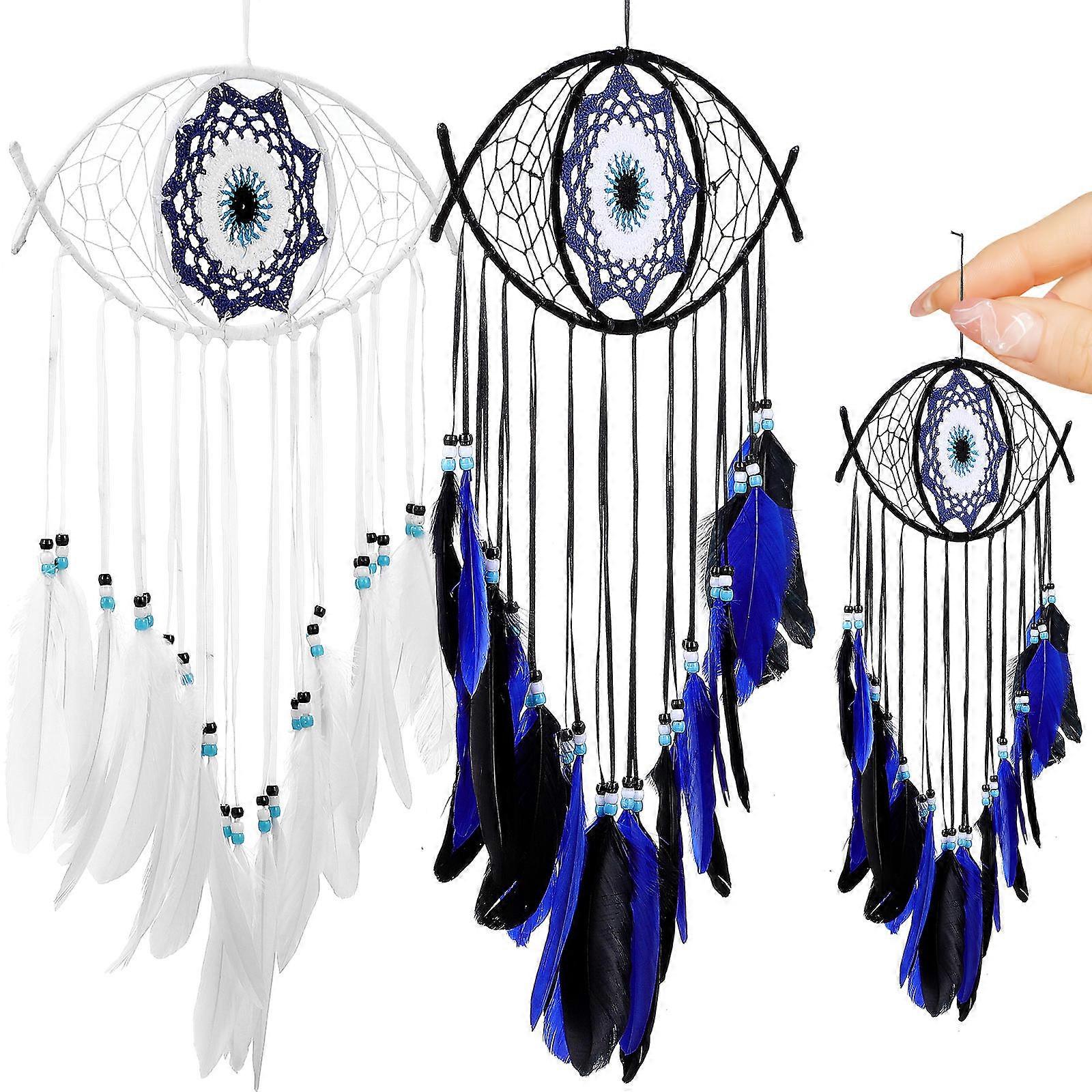 2 Pcs Dream Catchers with Evil Eye Design, Bohemian Wall Hanging Ornaments with Plume Tassels for Bedroom or Living Room Home Decor