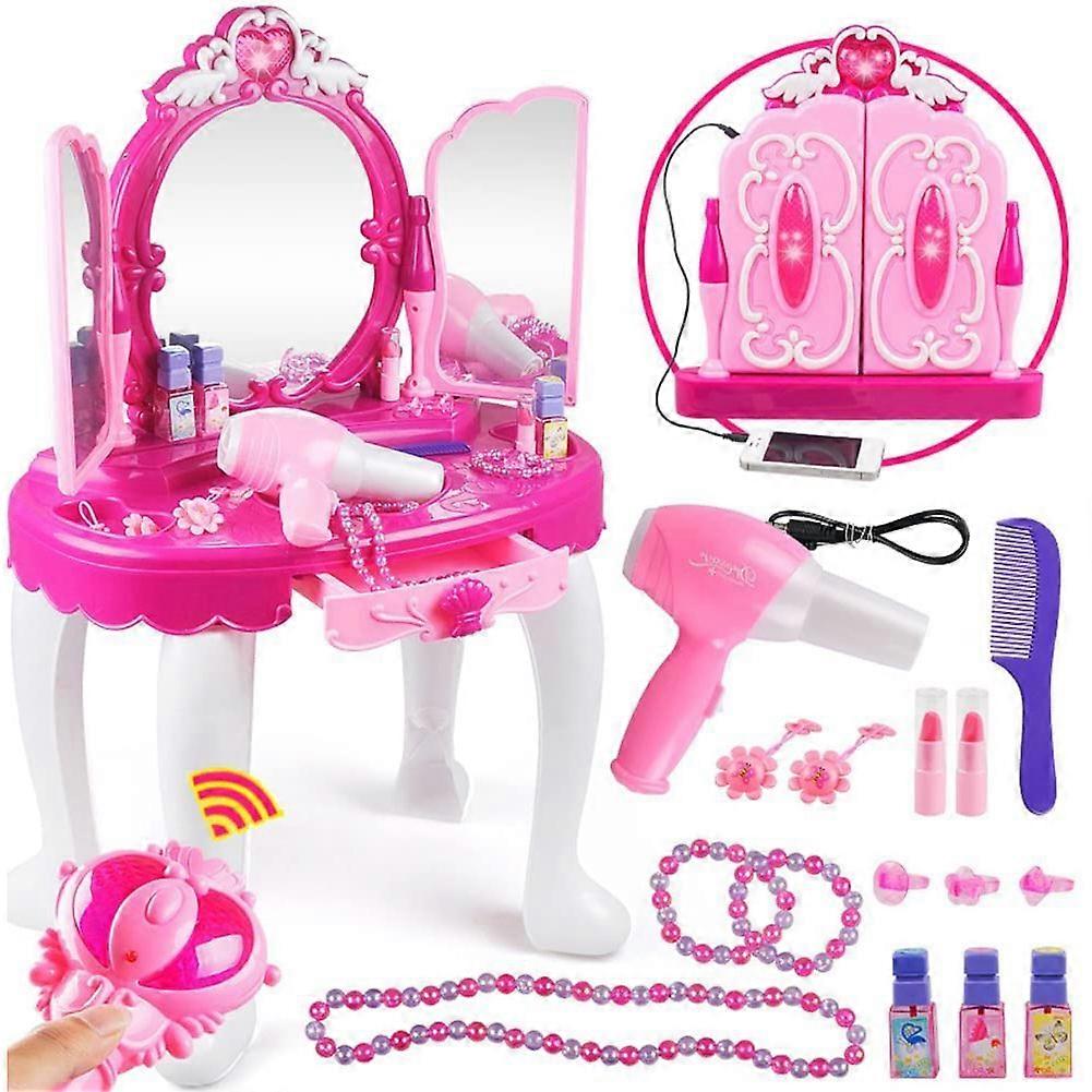 Glamorous Princess Dressing Table with Stool, Hair Dryer, Pink Make Up Table Toy