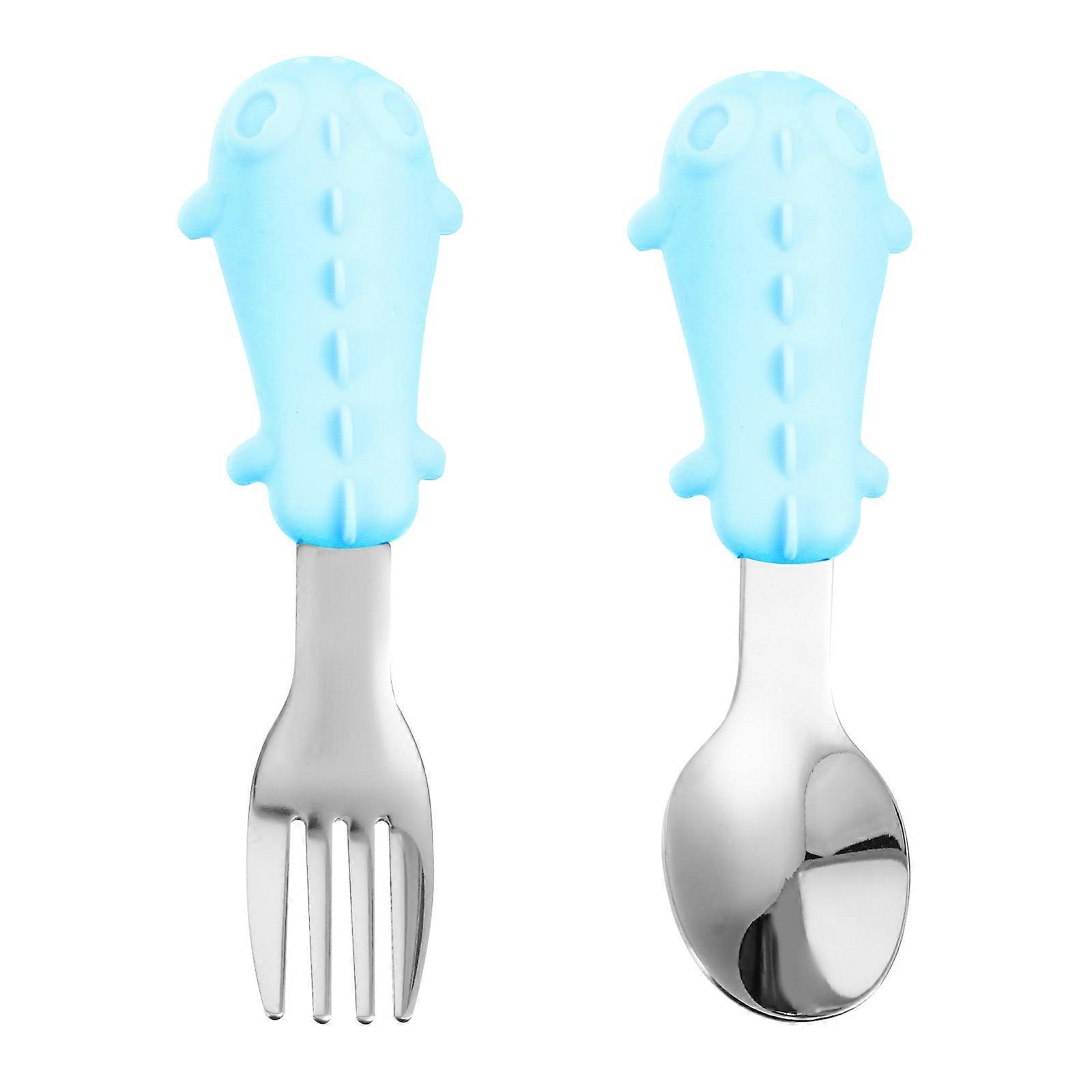 Portable Self Training Spoon and Fork Set – Ergonomic Design for Easy Grasping, Durable Silicone Handles for Weaning, Cute Blue Color