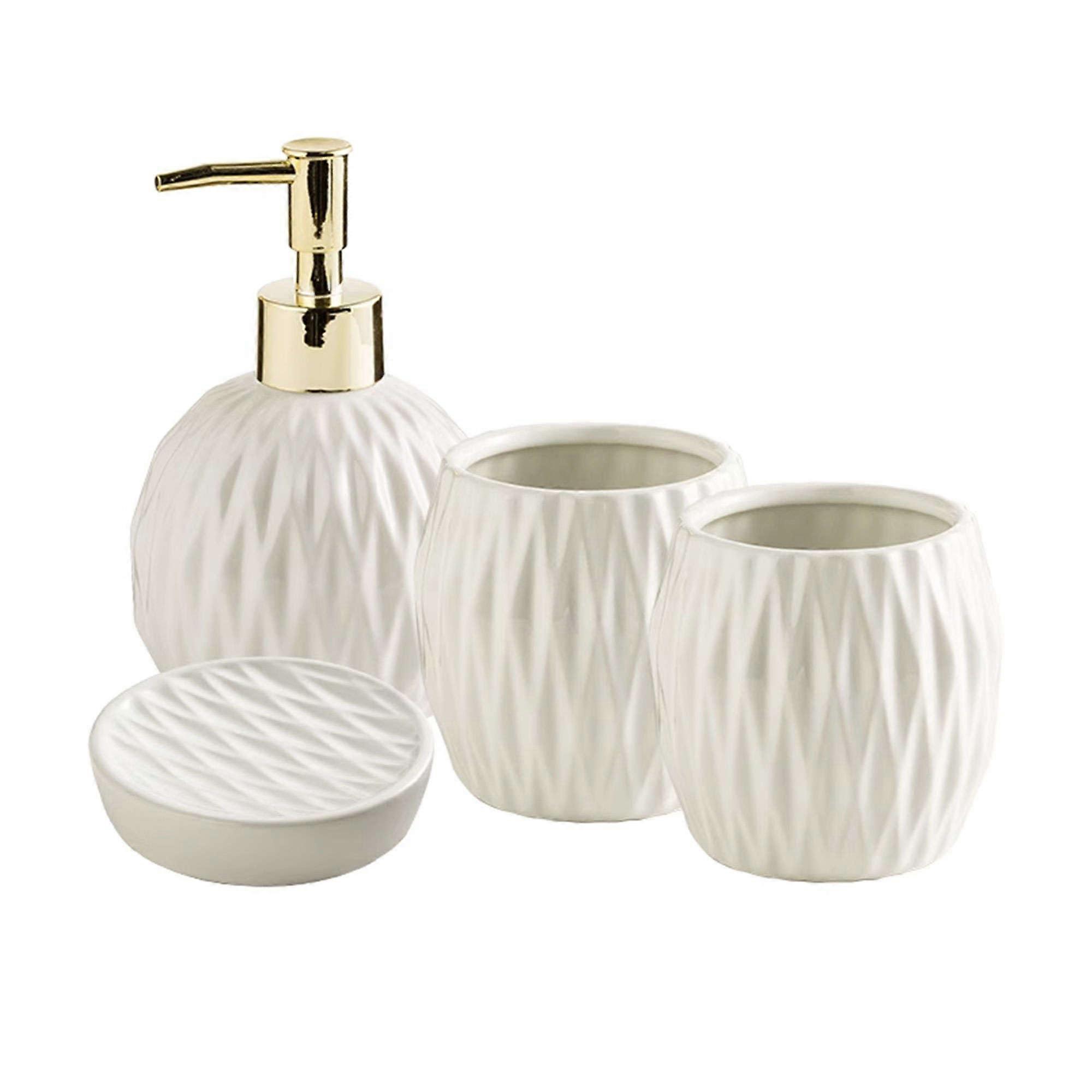 Hand Soap Dispenser Ceramic Bathroom Accessory Set White 4Piece Modern Decor Bathroom Organizer