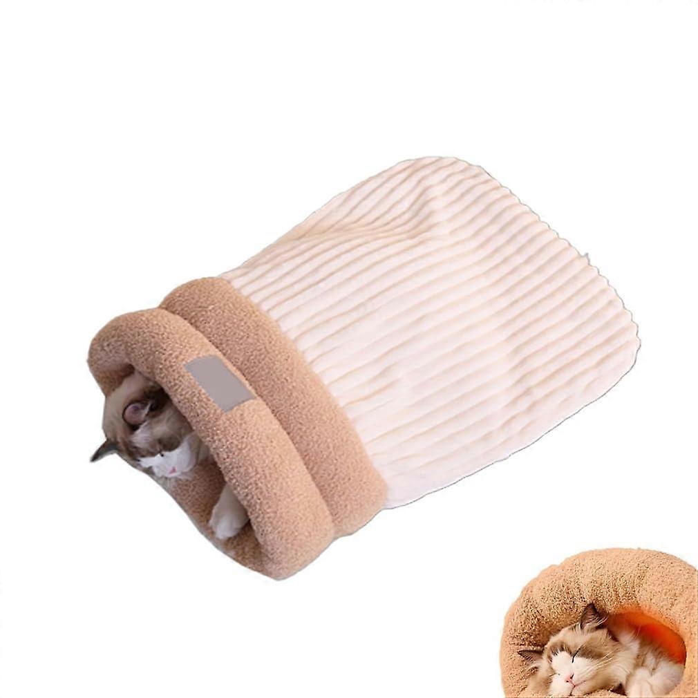 Cat Winter Sleeping Bag for Indoor Cats, Soft Plush Large SelfWarming Sack, 360Degree Wrap Cat Bed, Beige L