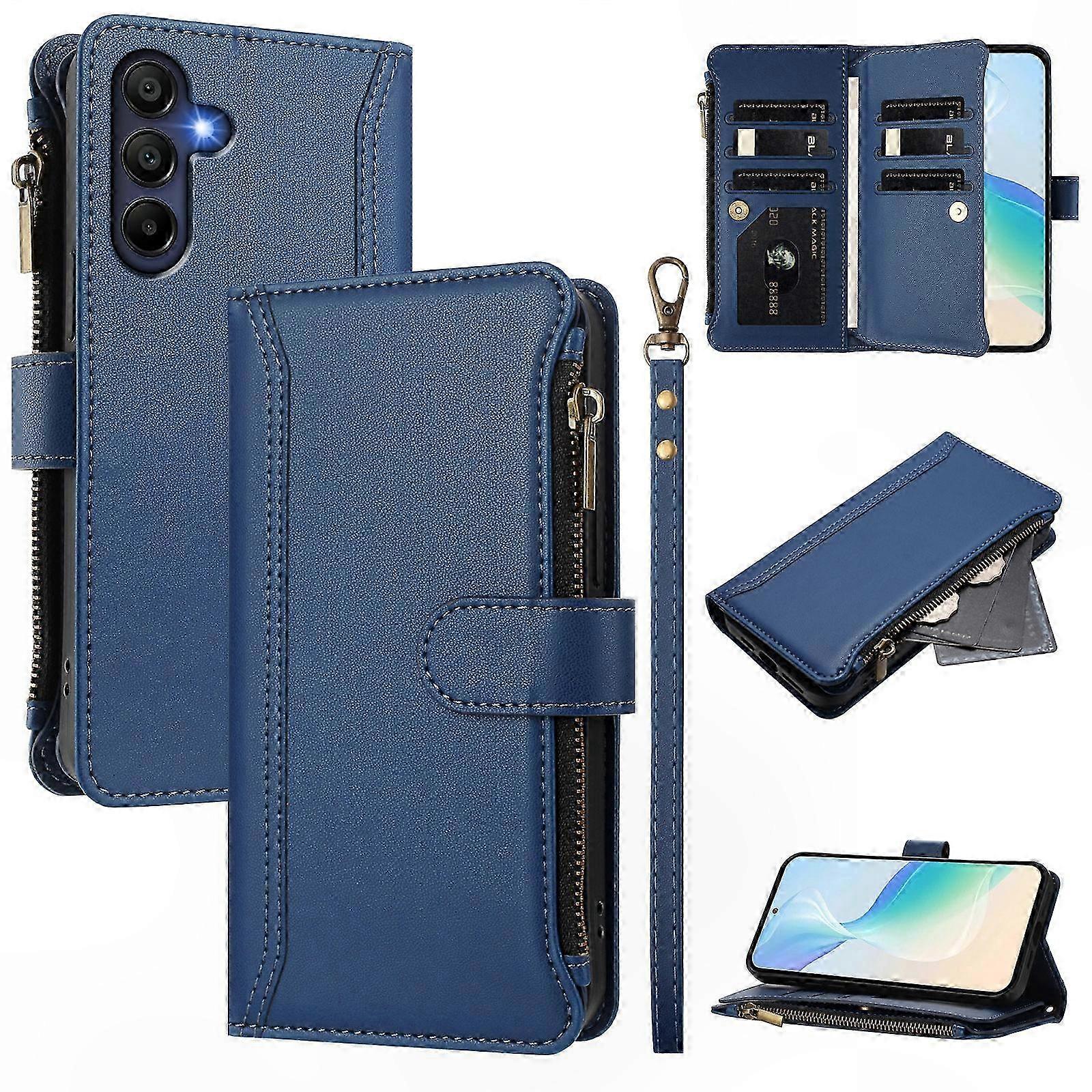Leather Wallet Case with 9 Card Slots and Zipper for Galaxy A26 5G Phone Cover with Stand Function and Wrist Strap