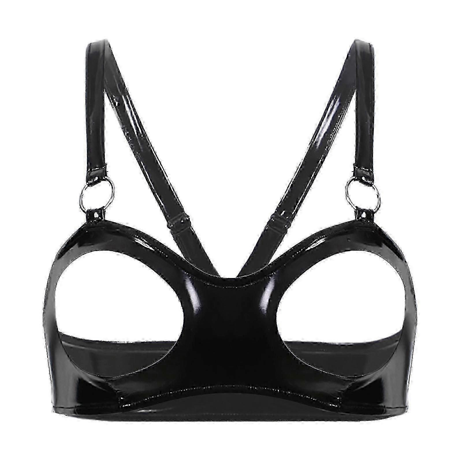 Otwoo Womens Wet Look Patent Läder BH Underkläder Halter Halta Halta Hals Öppna Bröst Underkläder Bralette Underkläder Öppna Kupor Trådlösa Hylla BH Top