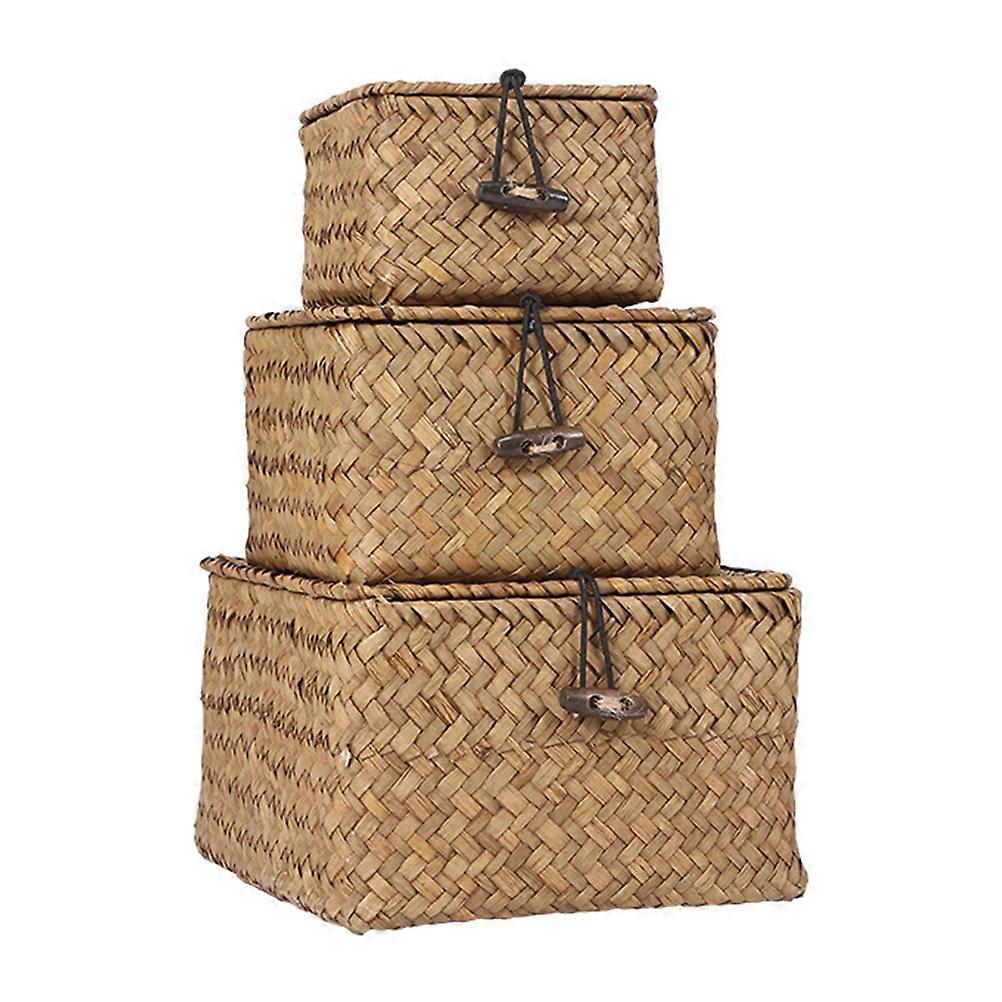 Handmade Straw-Woven Storage Basket for Storage 3Pcs Khaki Vegetable Baskets