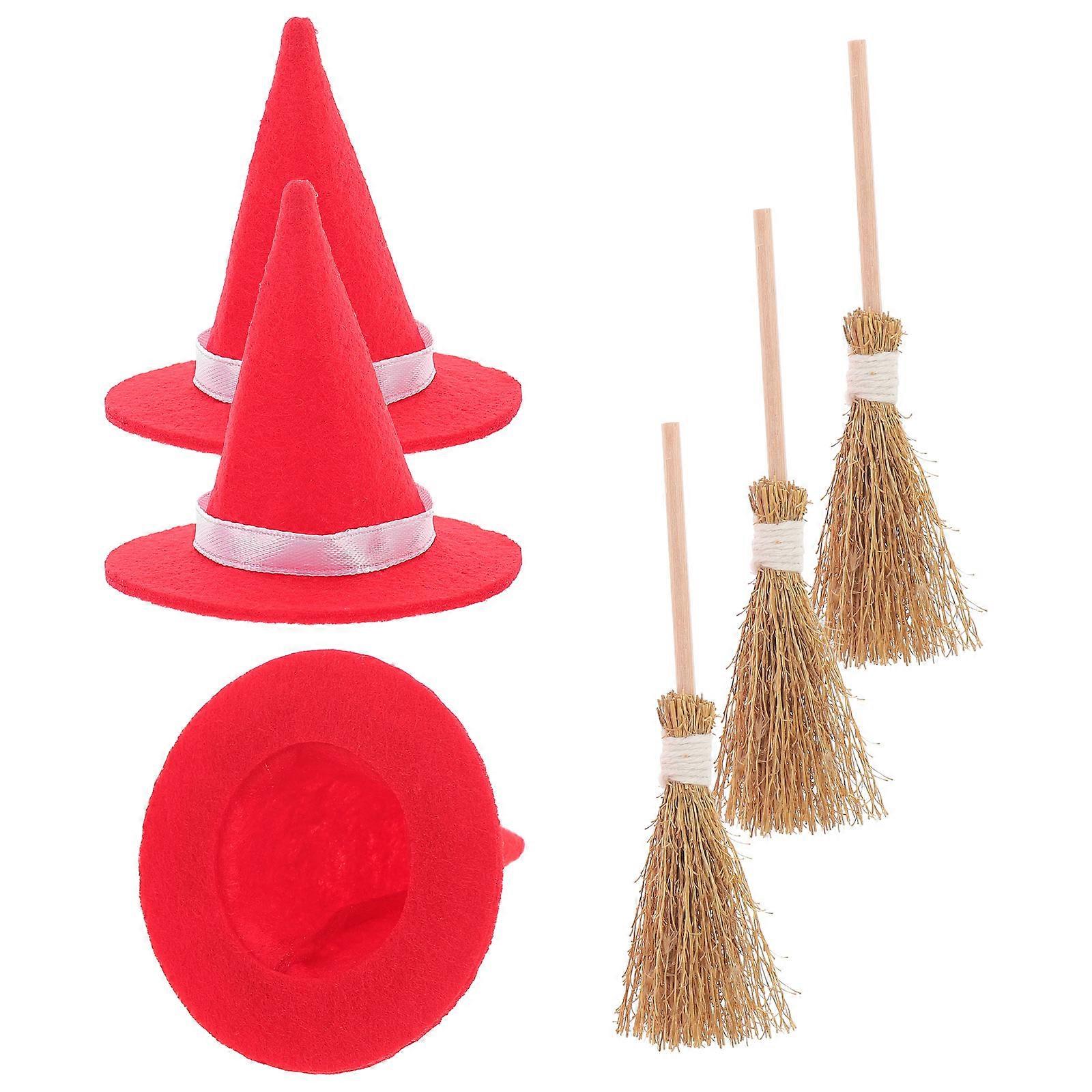 Miniature Witch Hat and Broom Set Witch Decor for Halloween 3Set