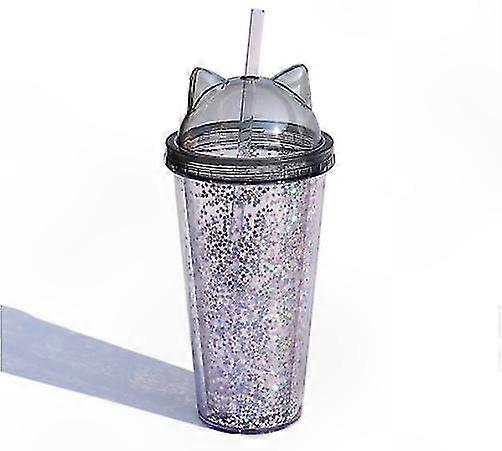 420ml Cat Ear Sequin Tumbler with Straw Double Wall BPA-Free Reusable Smoothie Cup for Girls Drinkware