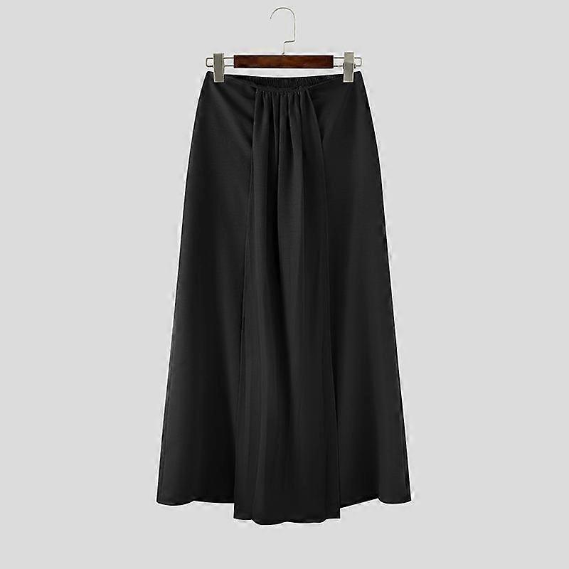 INCERUN Men Elastic Waist Front Layers Solid Casual Loose Long Pants Trousers