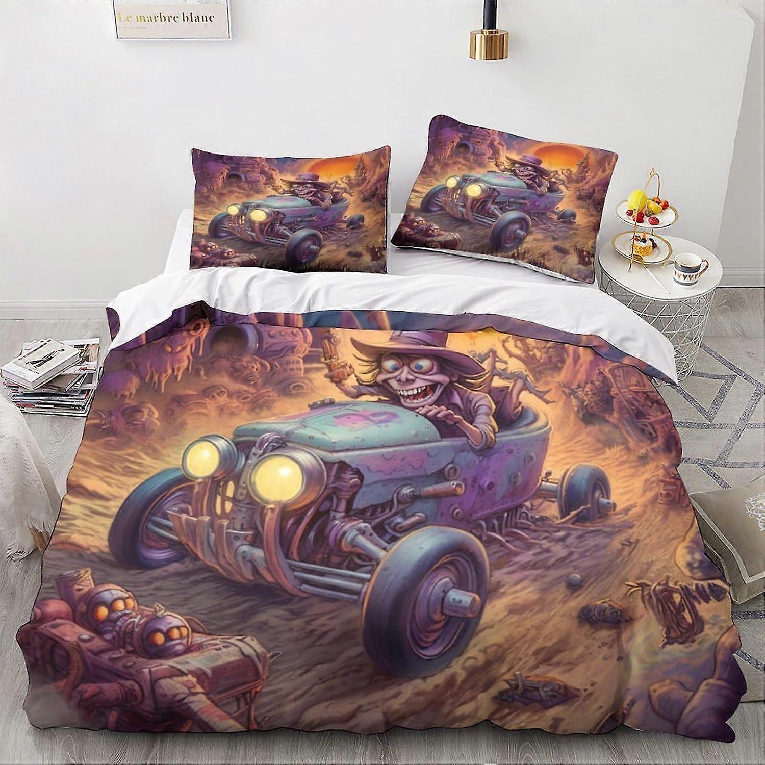 LikeEj Monstros Capa de edredom com fronhas carro vintage Padrão dos desenhos animados Roupa de cama com zíper Fechamento Capa macia de microfibra
