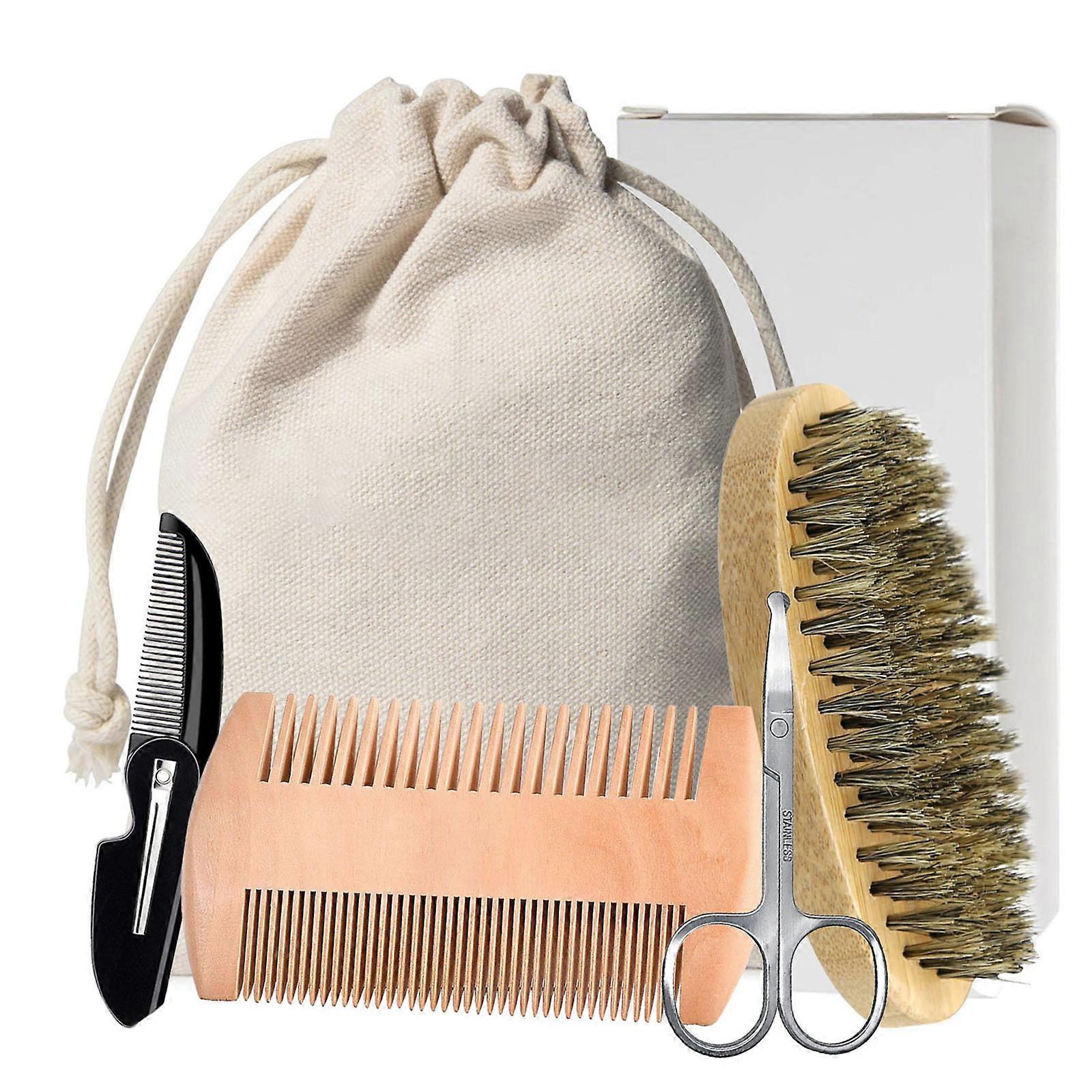 Professional Beard Care Set For Men Scissor Smooth Shaving Brush Foldable Combs Home Beard Care Solution Multicolor