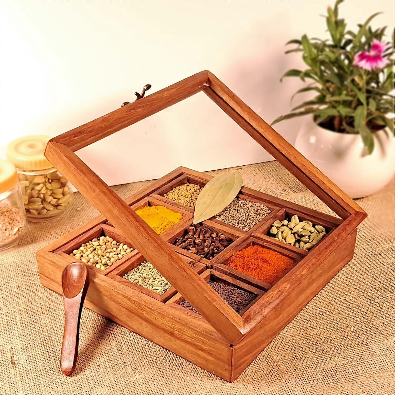Wooden Spice Box with 9 Compartments, Handmade Masala Dabba Organizer with Airtight Lid and Spoon