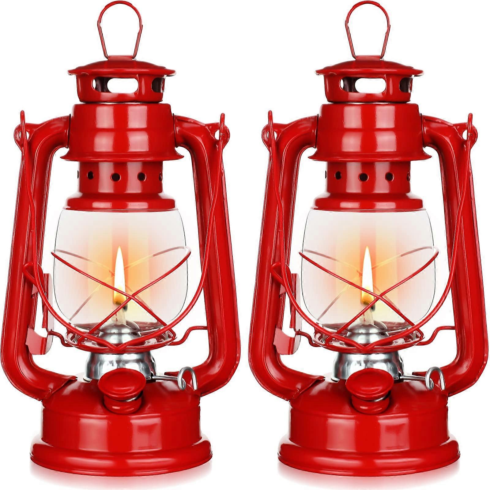 2 Pcs Hurricane Oil Lantern 10 Inch Vintage Kerosene Lamp Set with Adjustable Flame for Outdoor and Emergency Lighting (Red)